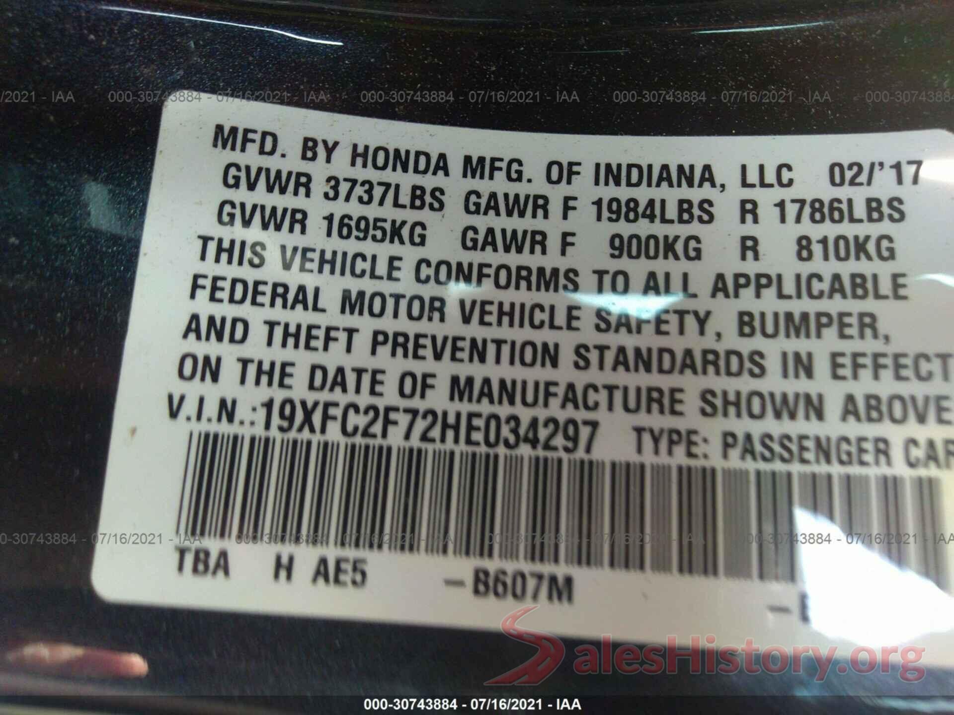 19XFC2F72HE034297 2017 HONDA CIVIC SEDAN