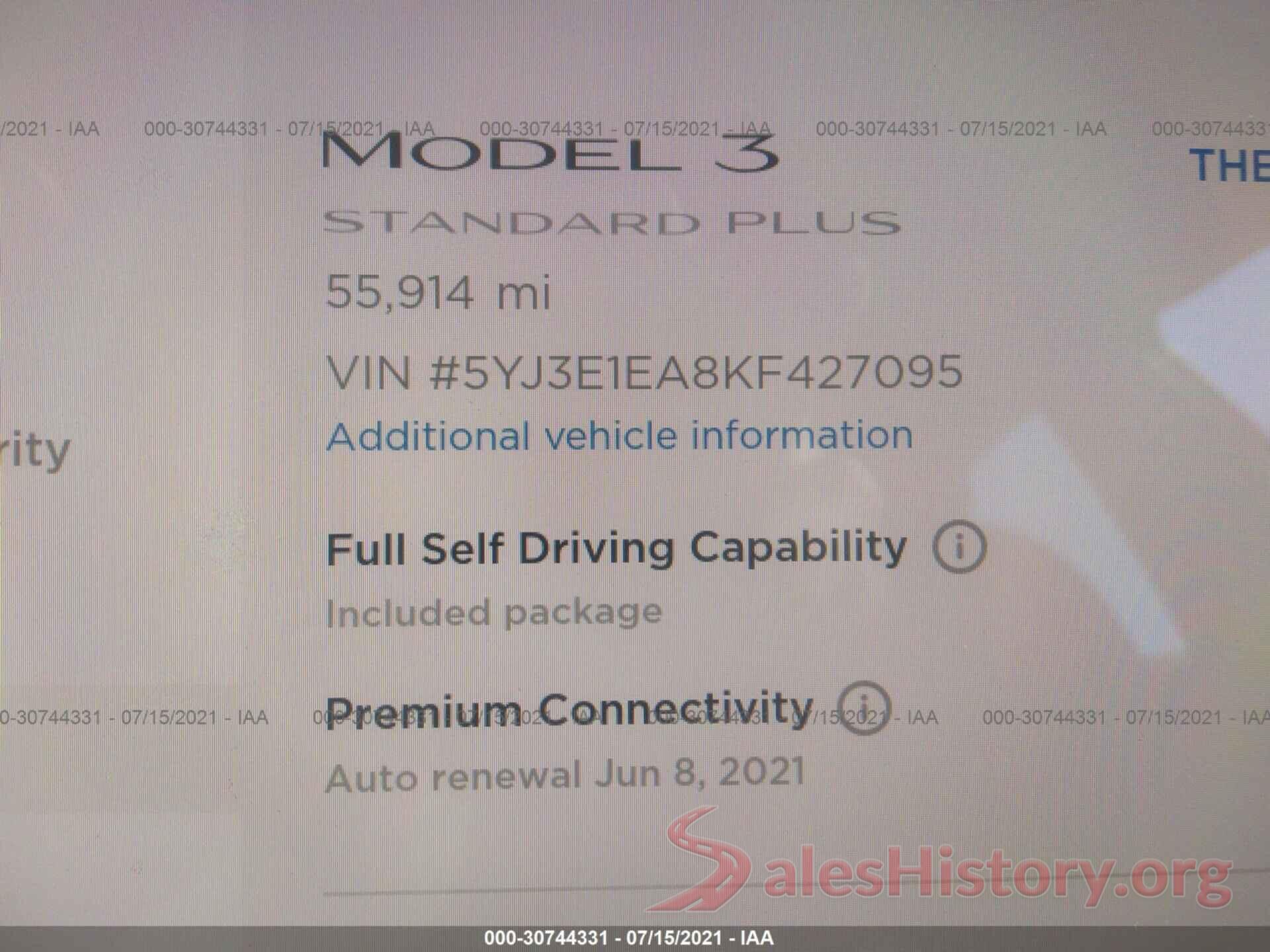 5YJ3E1EA8KF427095 2019 TESLA MODEL 3