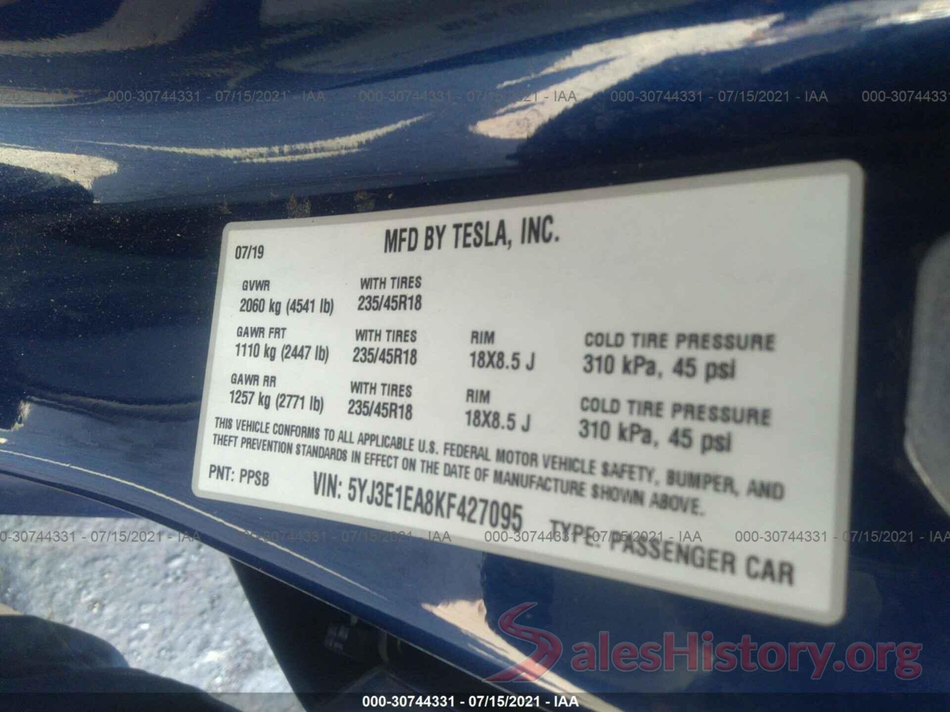 5YJ3E1EA8KF427095 2019 TESLA MODEL 3