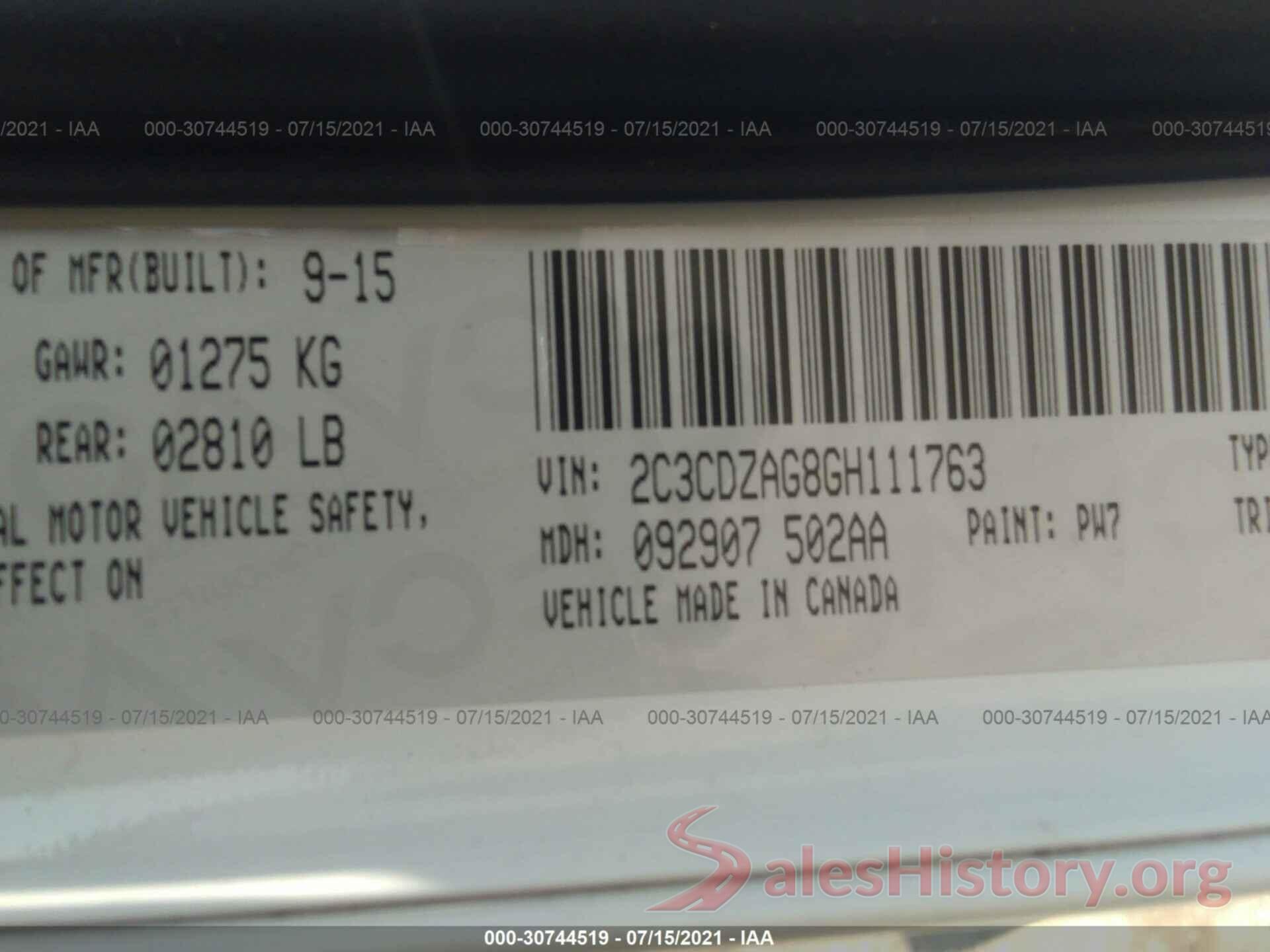 2C3CDZAG8GH111763 2016 DODGE CHALLENGER