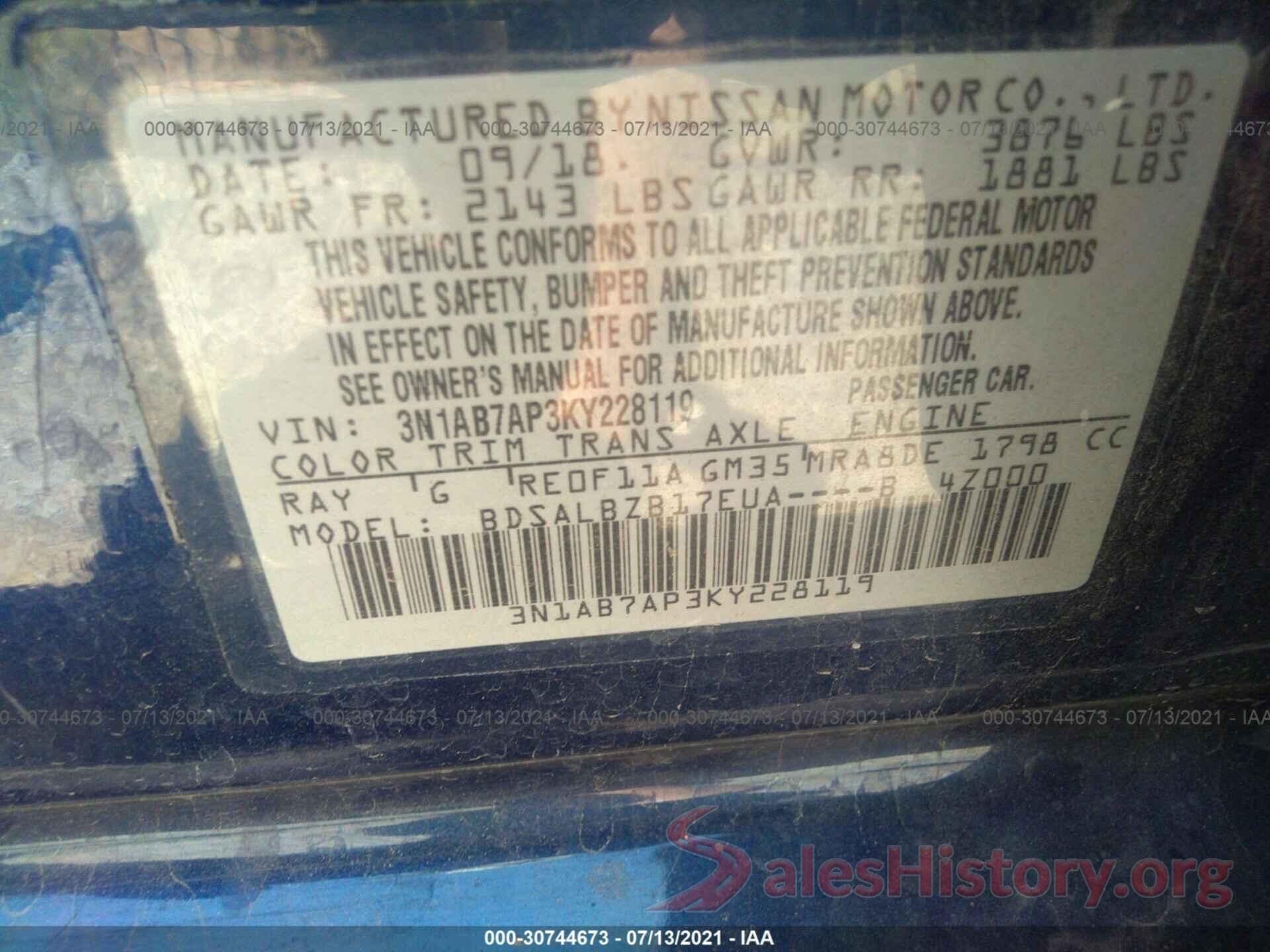 3N1AB7AP3KY228119 2019 NISSAN SENTRA