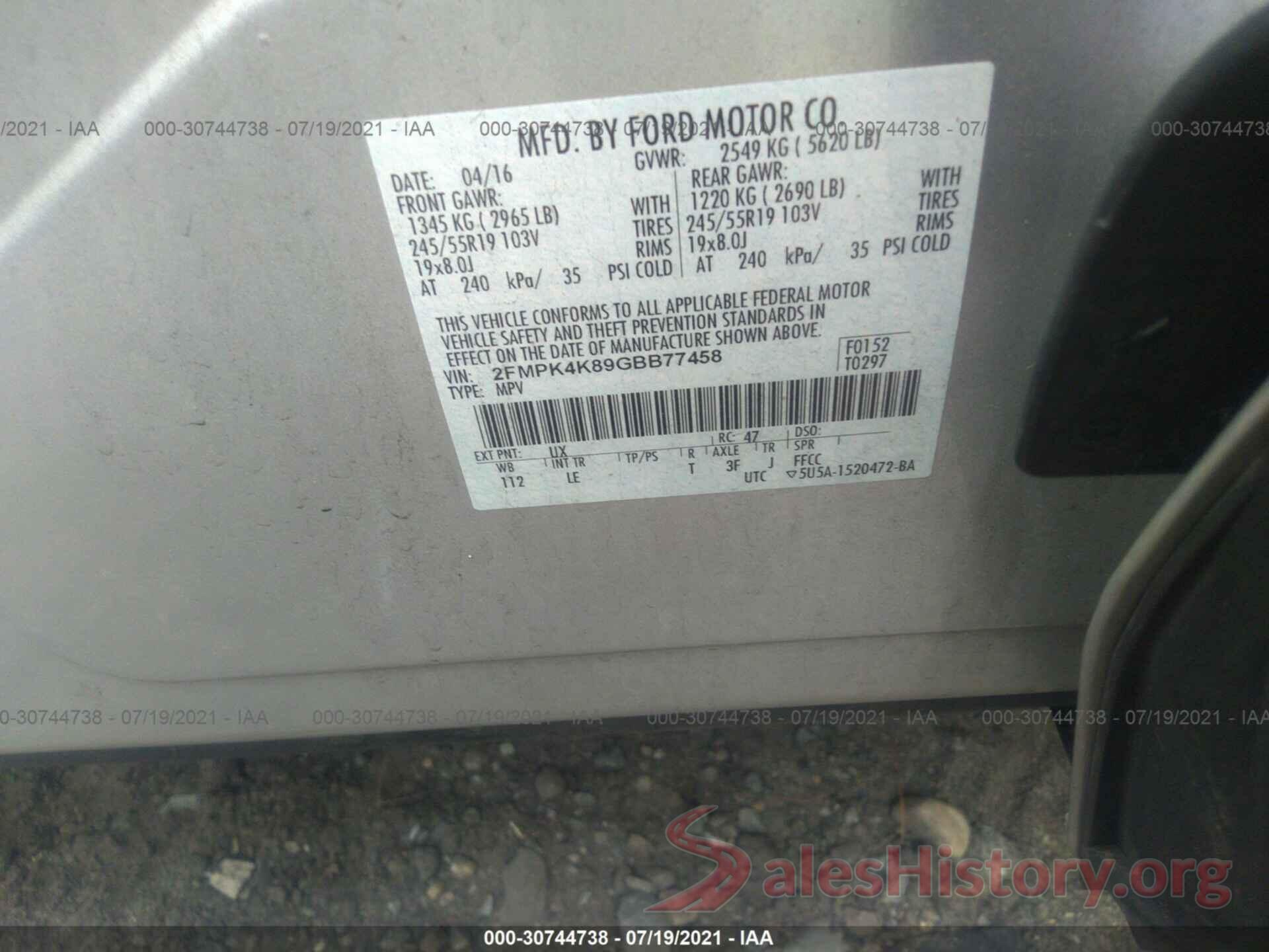 2FMPK4K89GBB77458 2016 FORD EDGE