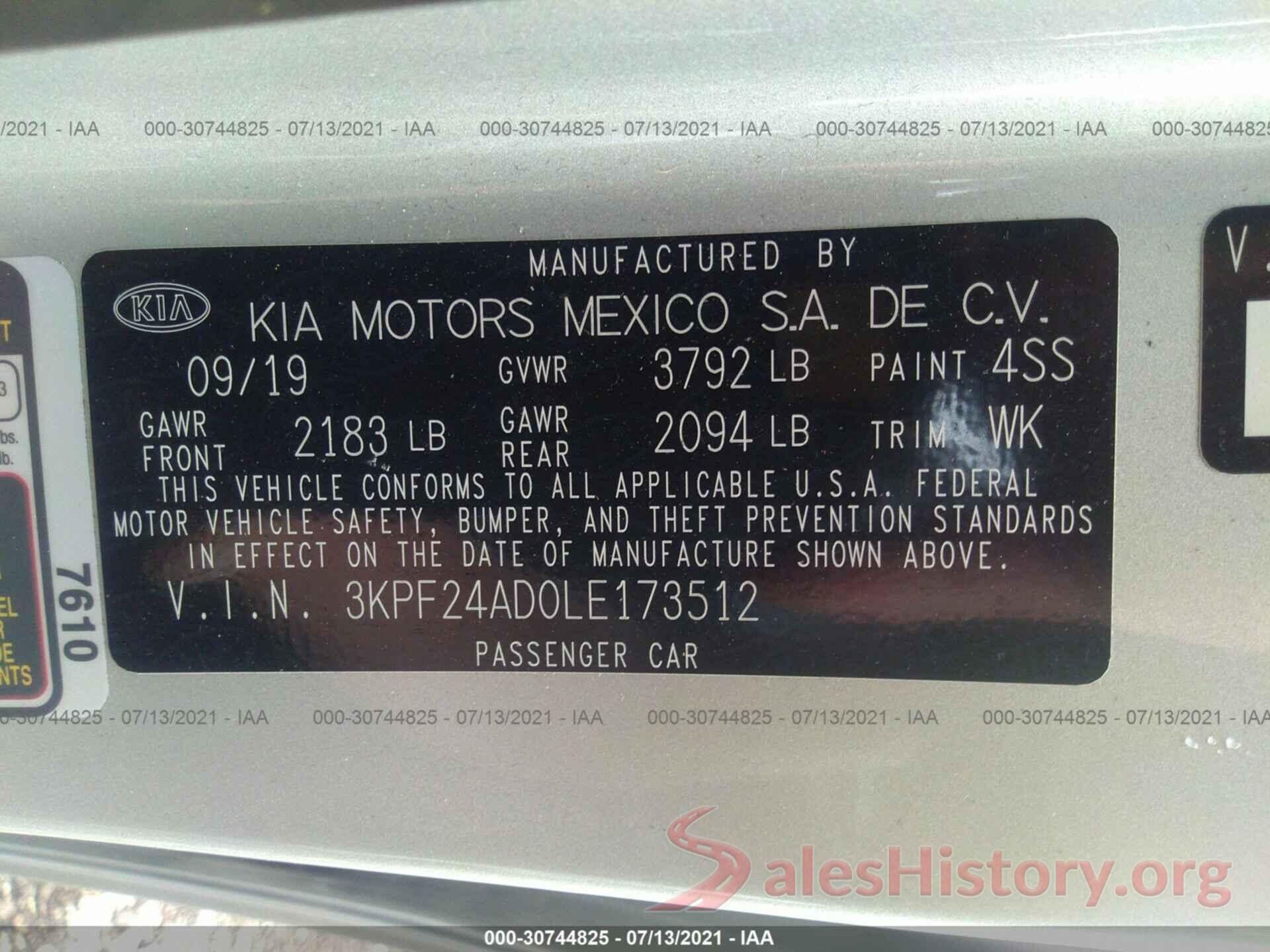 3KPF24AD0LE173512 2020 KIA FORTE