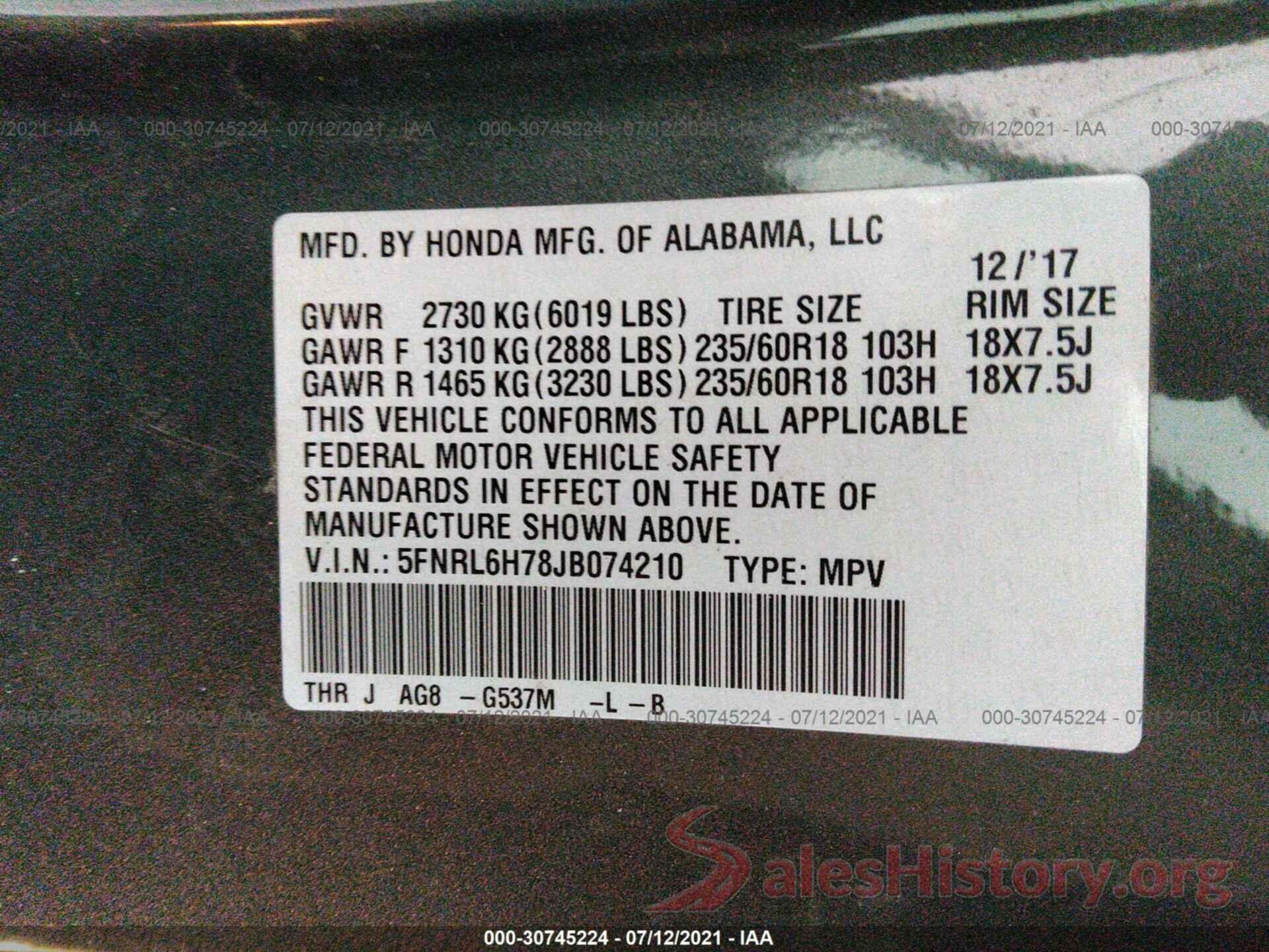 5FNRL6H78JB074210 2018 HONDA ODYSSEY