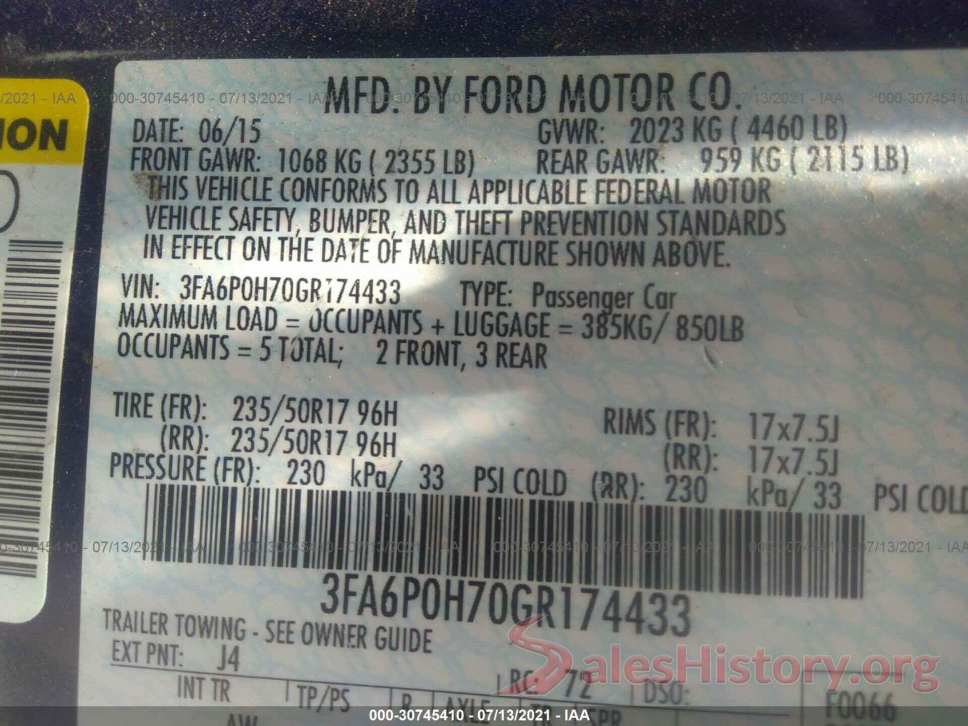 3FA6P0H70GR174433 2016 FORD FUSION