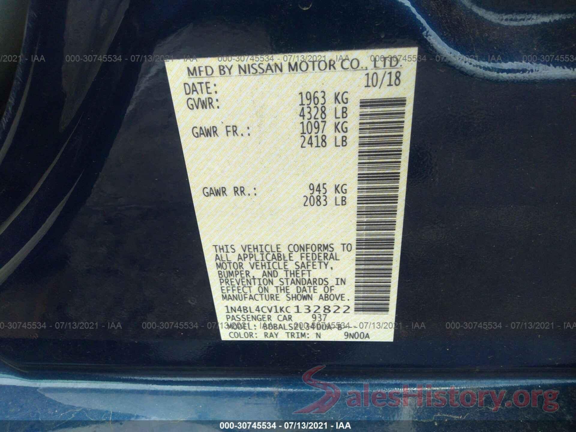 1N4BL4CV1KC132822 2019 NISSAN ALTIMA