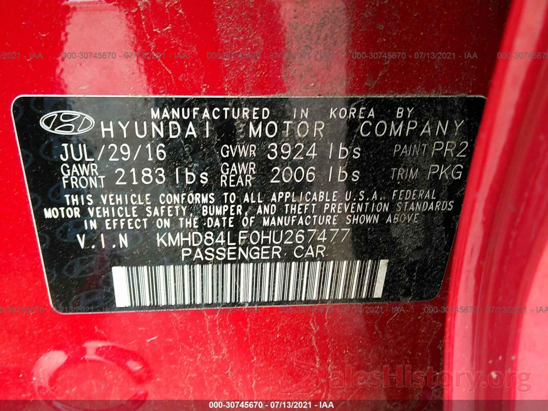 KMHD84LF0HU267477 2017 HYUNDAI ELANTRA