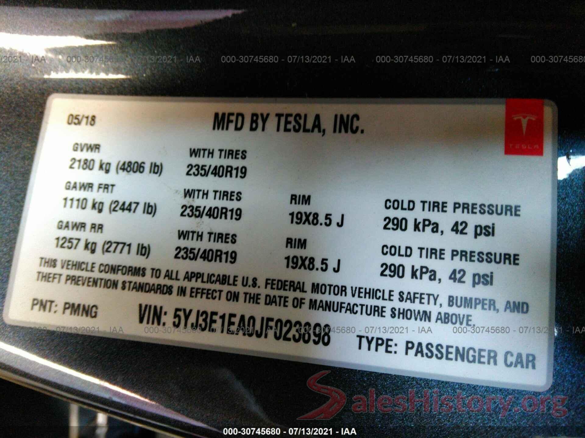 5YJ3E1EA0JF023898 2018 TESLA MODEL 3