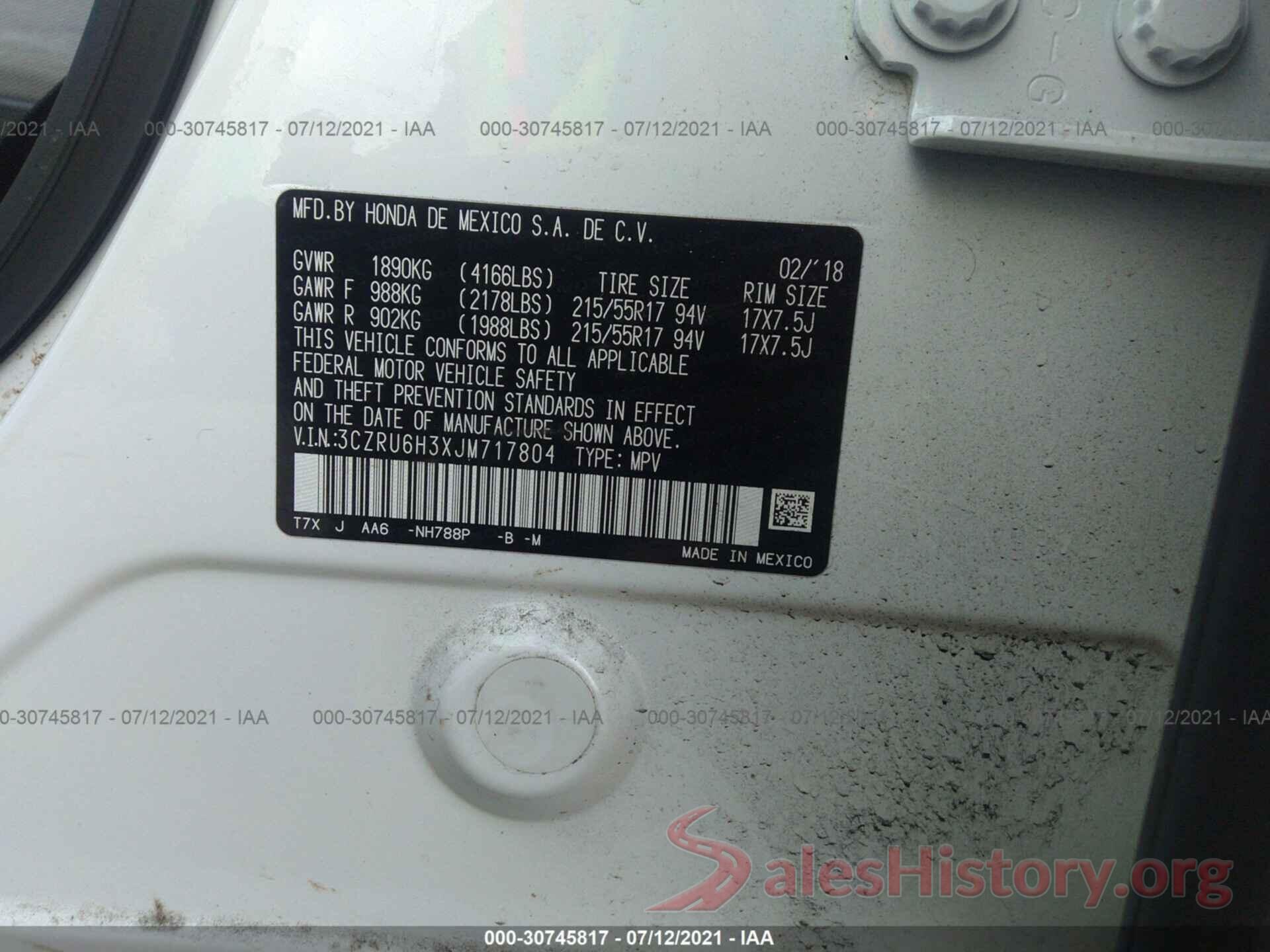 3CZRU6H3XJM717804 2018 HONDA HR-V