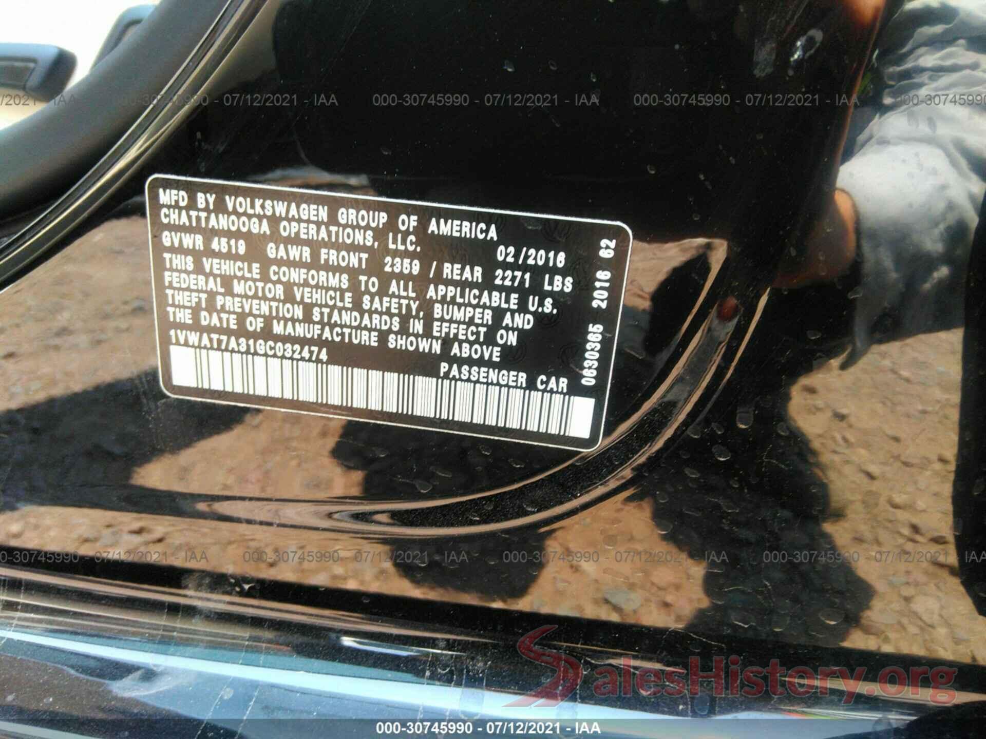 1VWAT7A31GC032474 2016 VOLKSWAGEN PASSAT