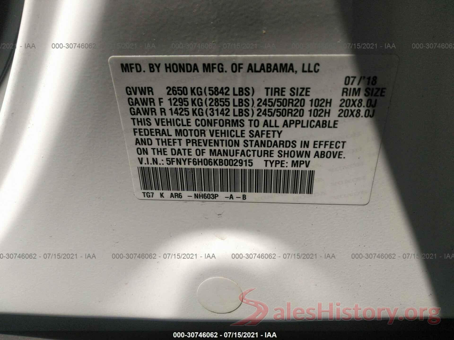 5FNYF6H06KB002915 2019 HONDA PILOT