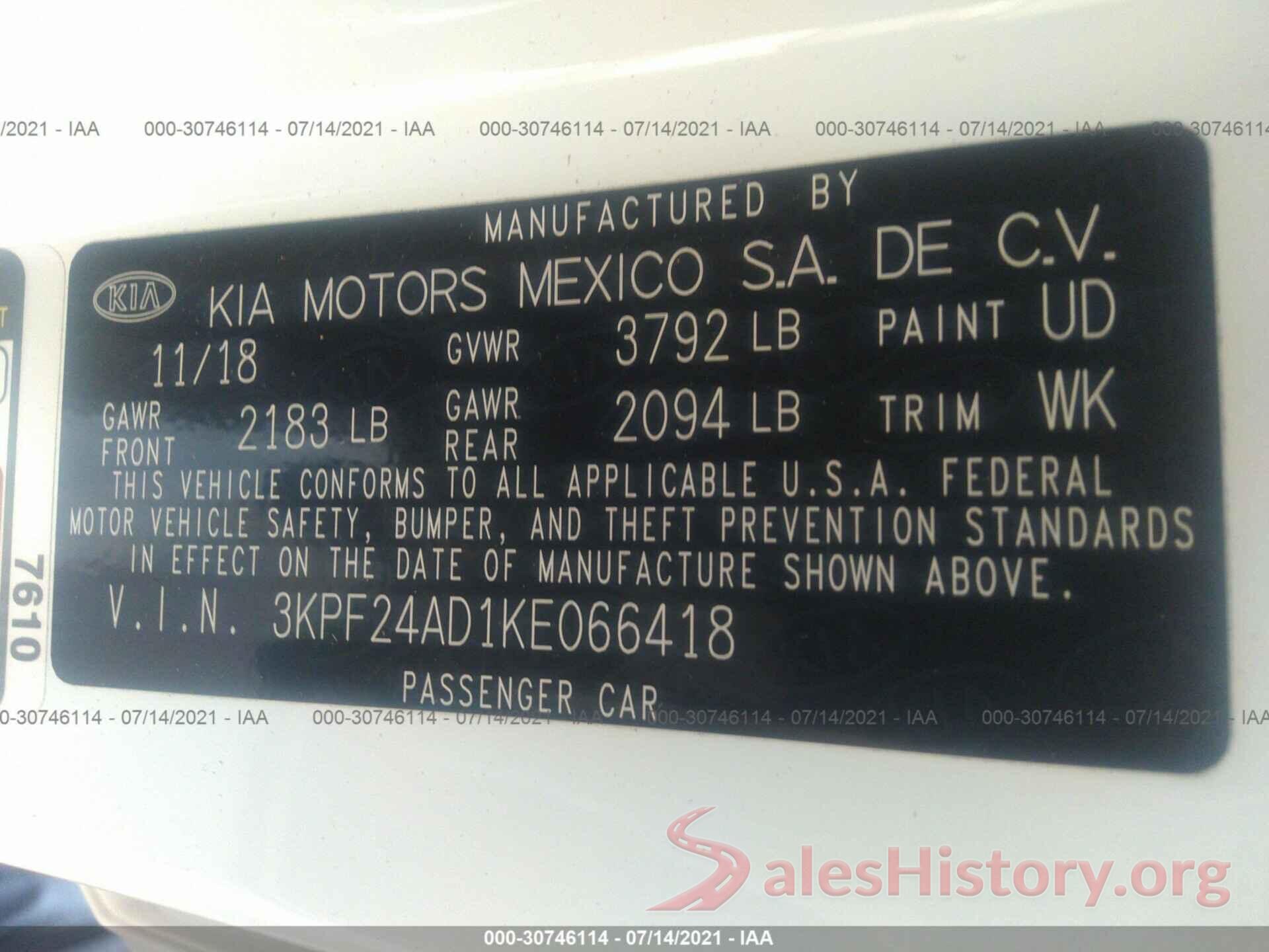 3KPF24AD1KE066418 2019 KIA FORTE