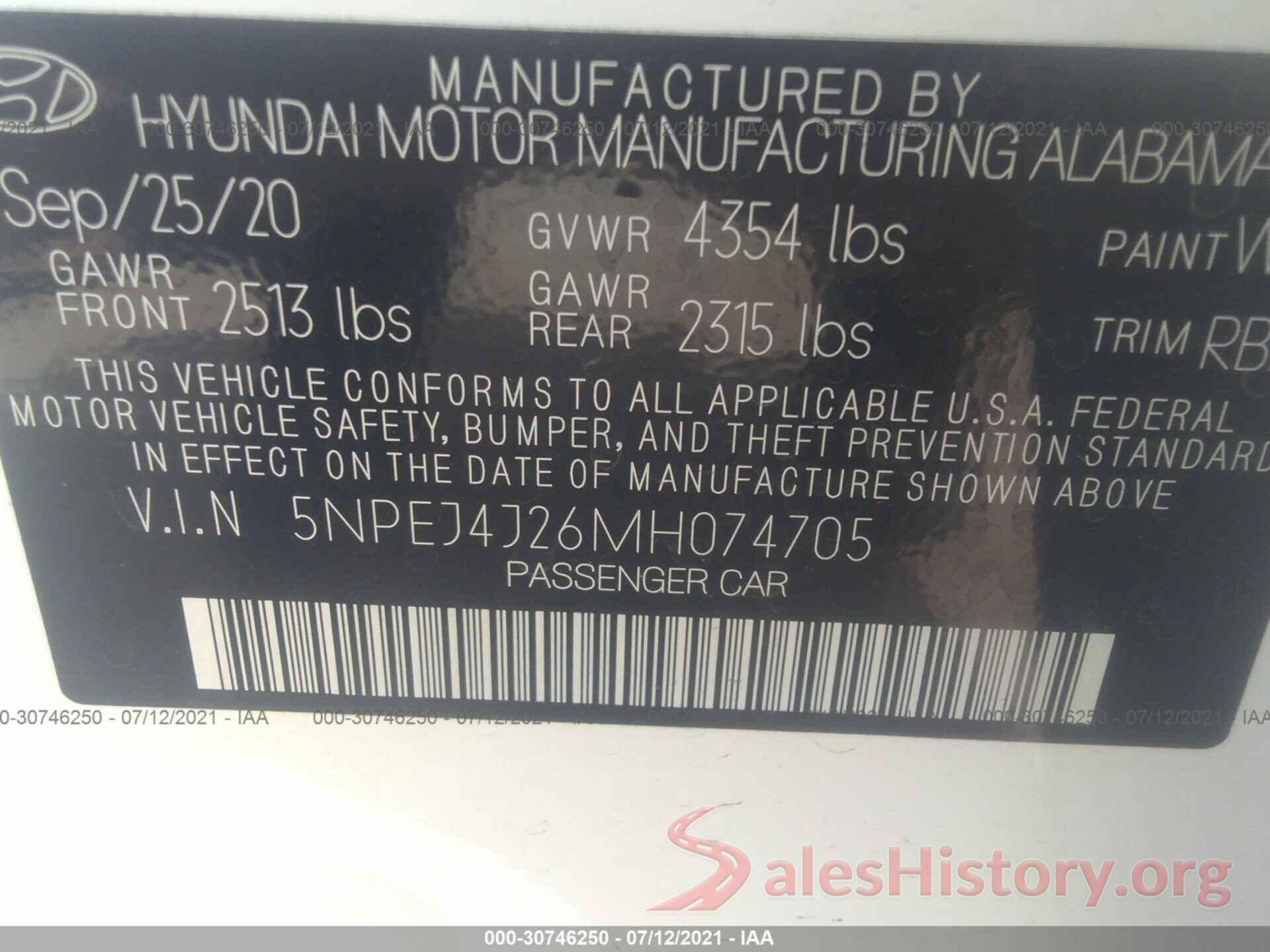 5NPEJ4J26MH074705 2021 HYUNDAI SONATA