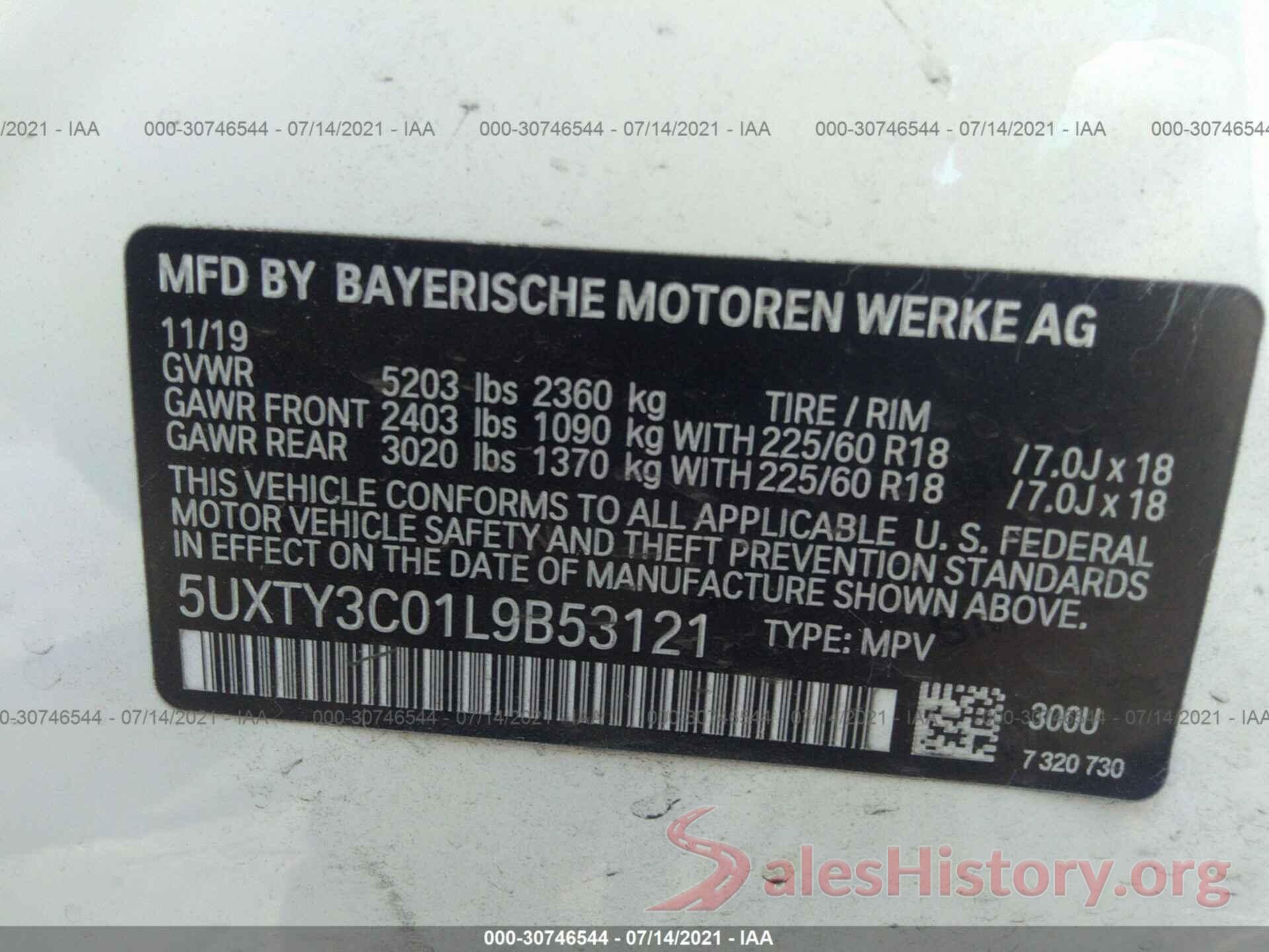 5UXTY3C01L9B53121 2020 BMW X3