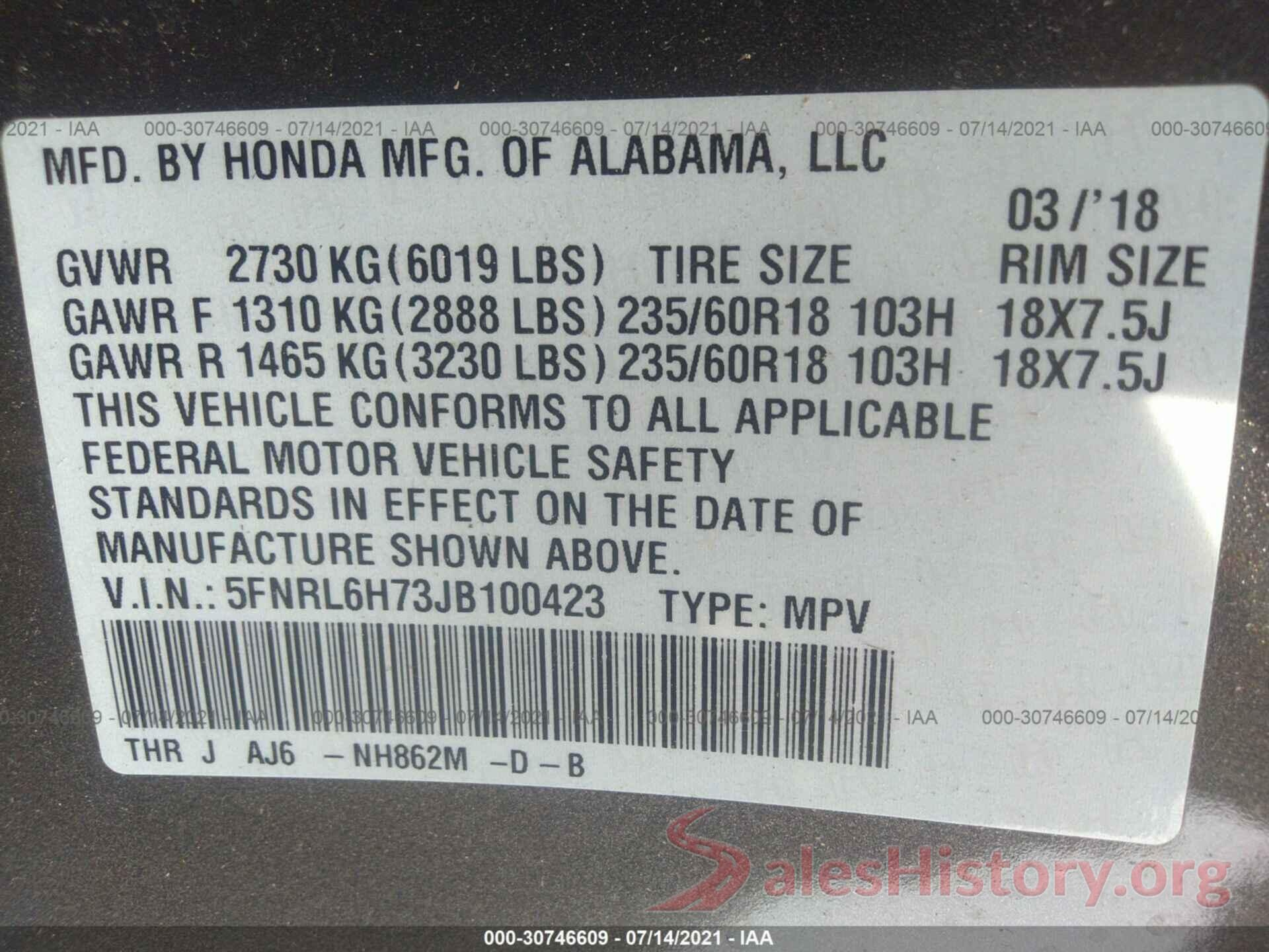 5FNRL6H73JB100423 2018 HONDA ODYSSEY