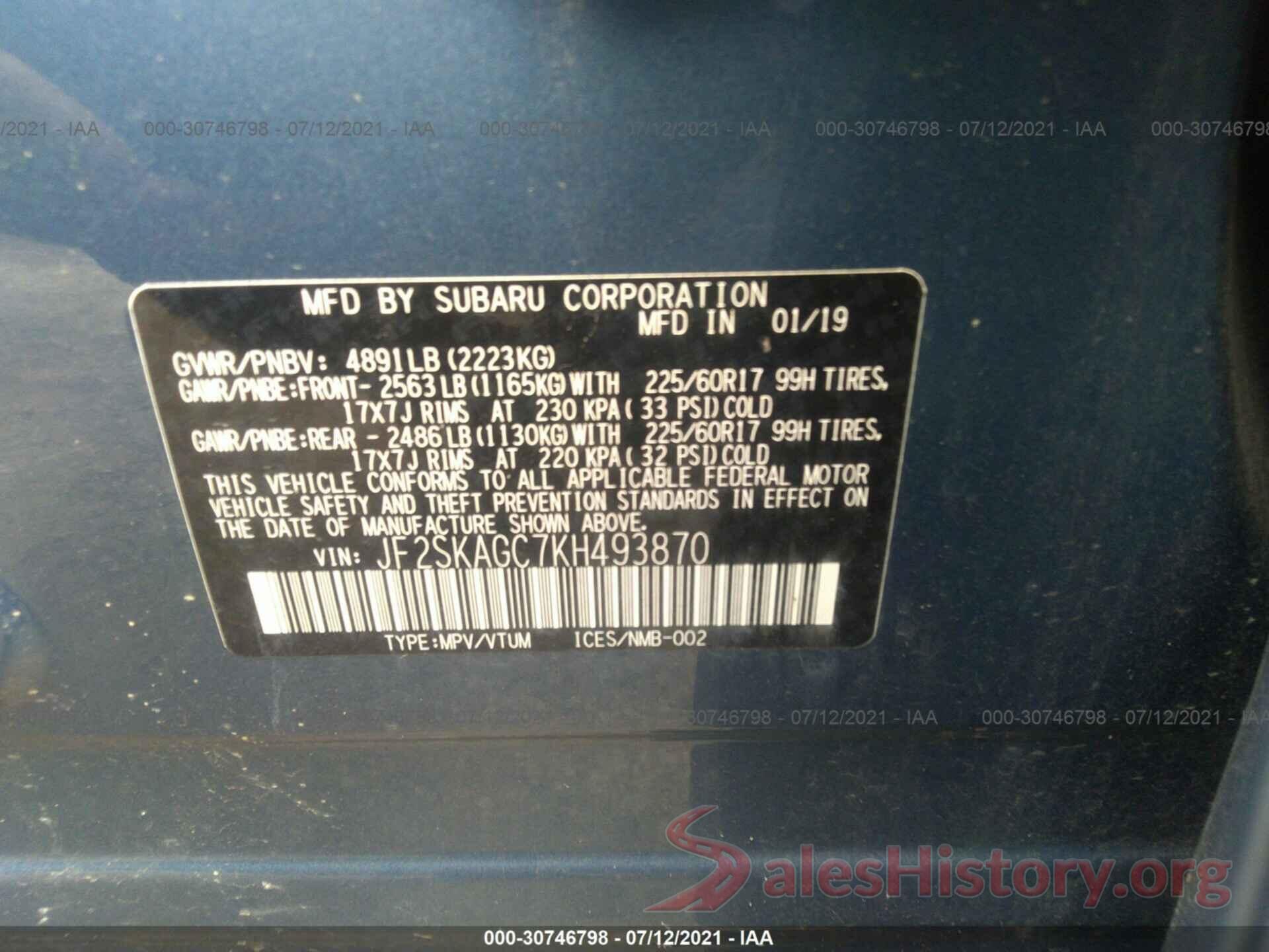 JF2SKAGC7KH493870 2019 SUBARU FORESTER