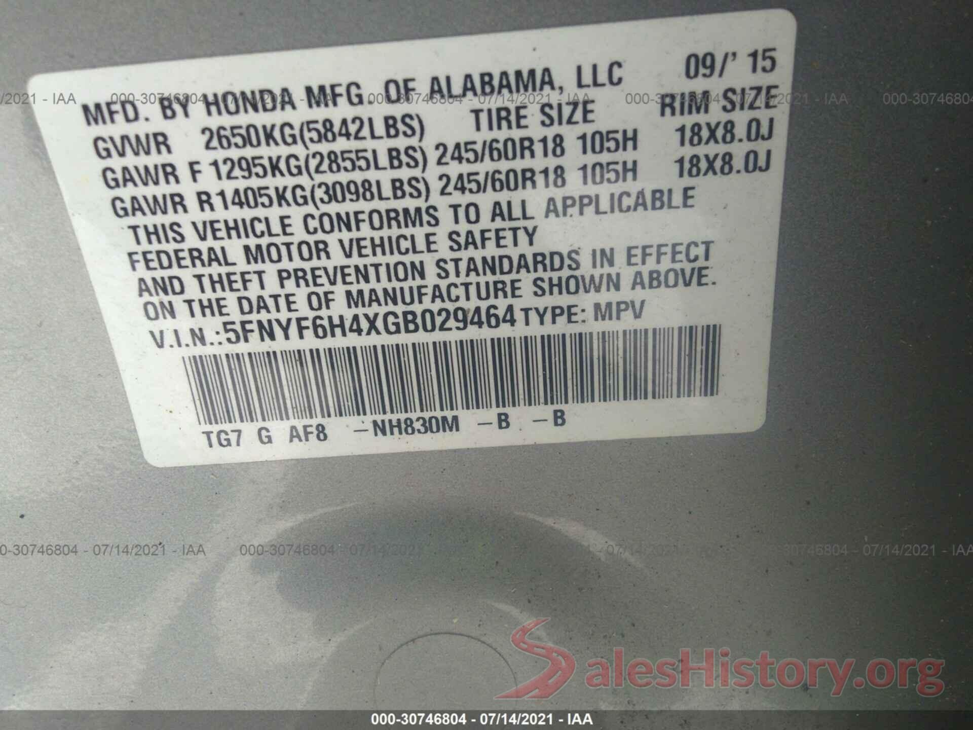 5FNYF6H4XGB029464 2016 HONDA PILOT