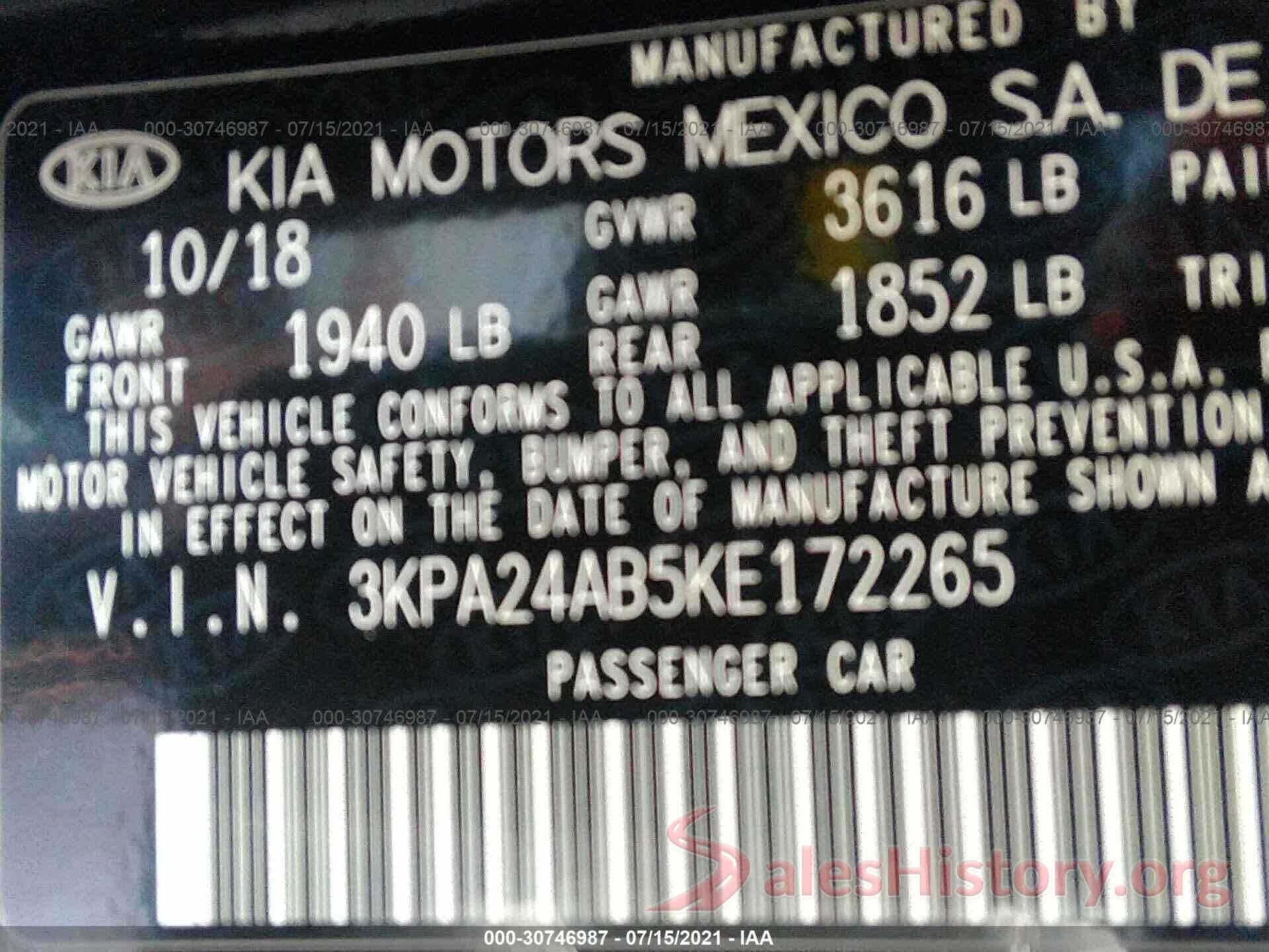 3KPA24AB5KE172265 2019 KIA RIO