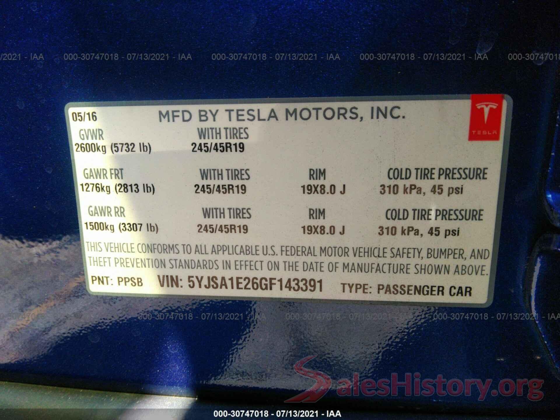 5YJSA1E26GF143391 2016 TESLA MODEL S