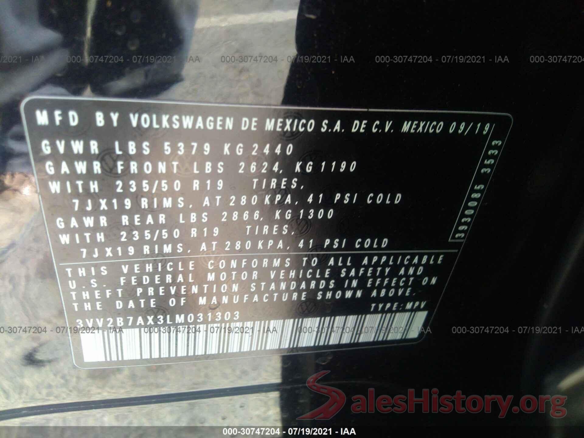 3VV2B7AX3LM031303 2020 VOLKSWAGEN TIGUAN