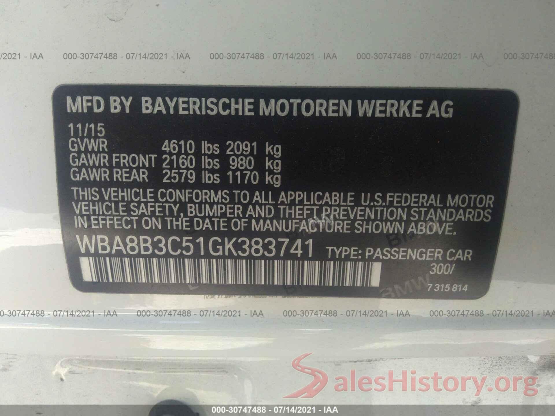 WBA8B3C51GK383741 2016 BMW 3 SERIES