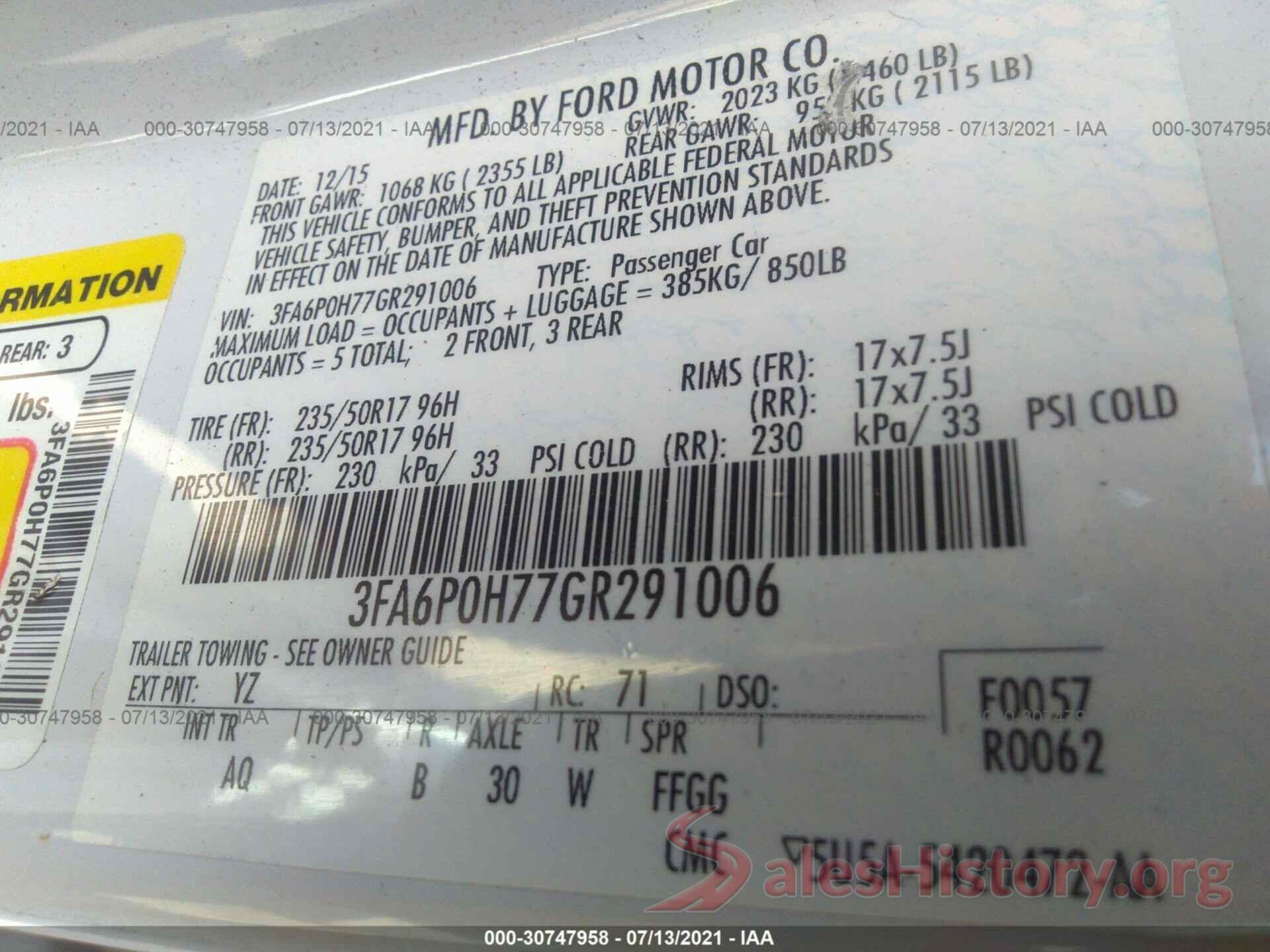 3FA6P0H77GR291006 2016 FORD FUSION