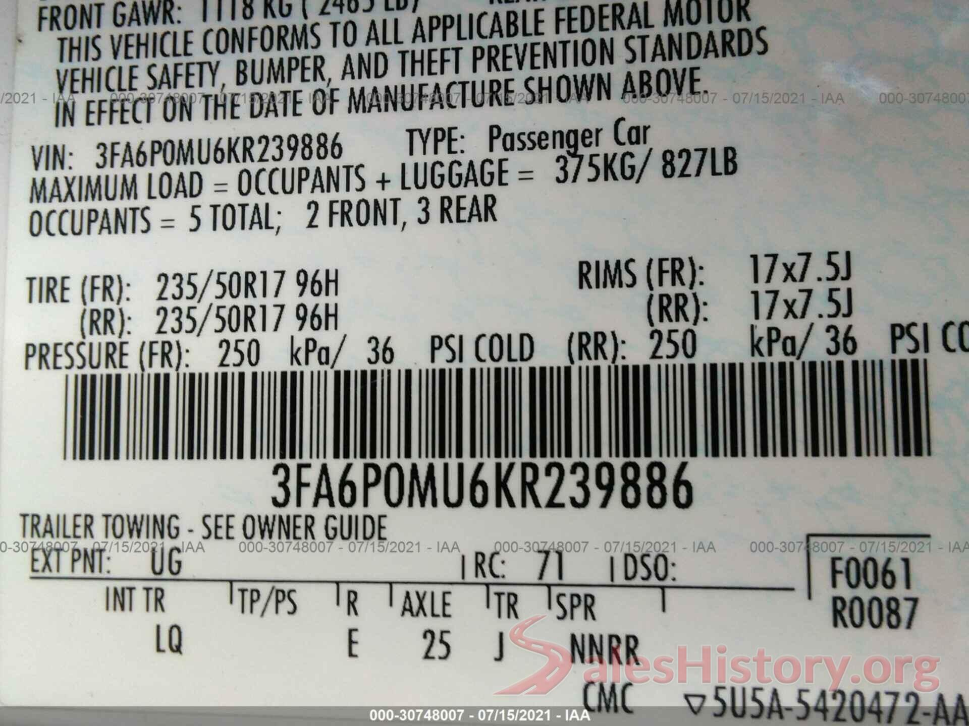 3FA6P0MU6KR239886 2019 FORD FUSION HYBRID