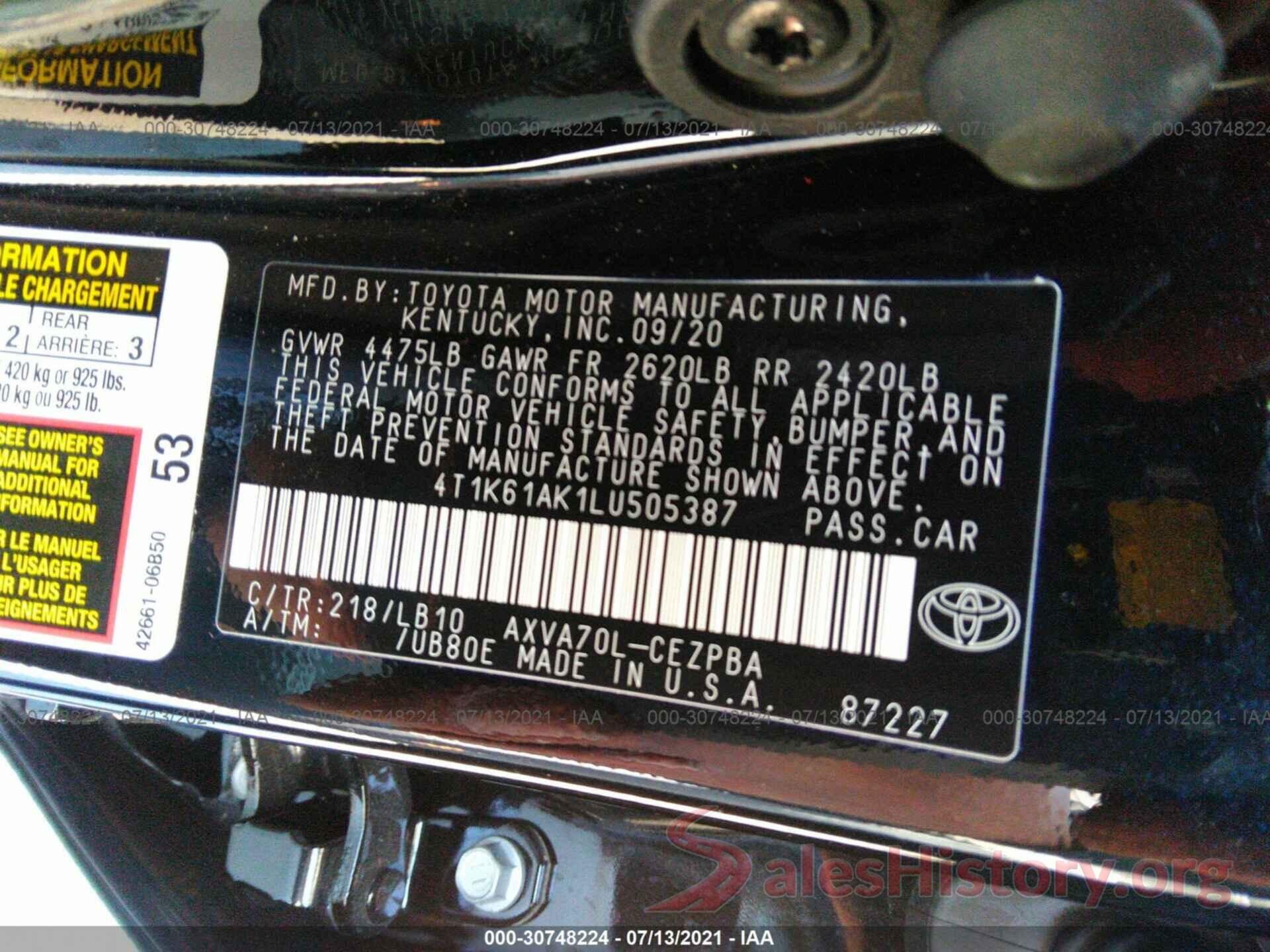 4T1K61AK1LU505387 2020 TOYOTA CAMRY