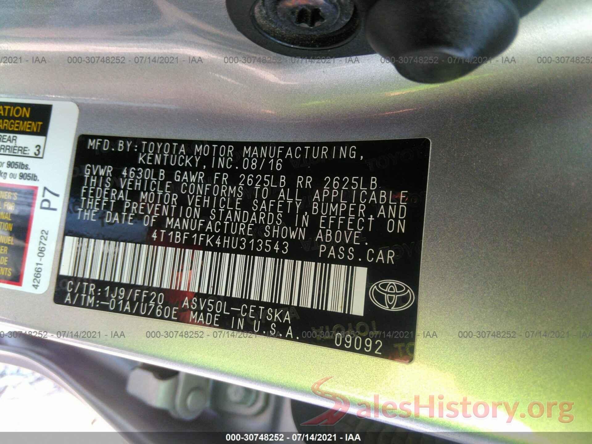 4T1BF1FK4HU313543 2017 TOYOTA CAMRY