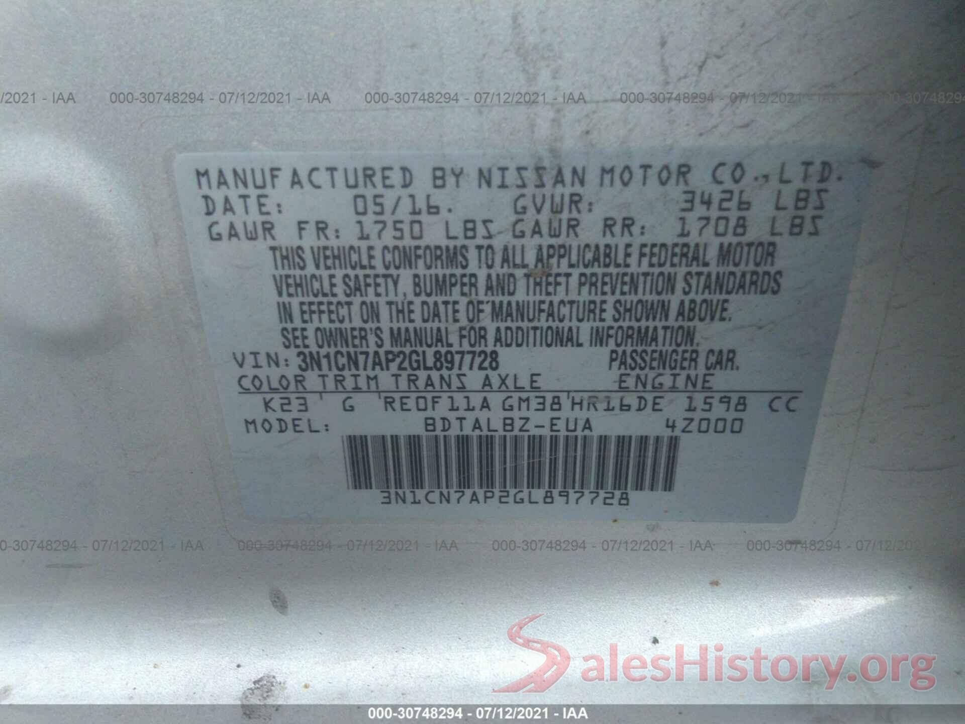 3N1CN7AP2GL897728 2016 NISSAN VERSA