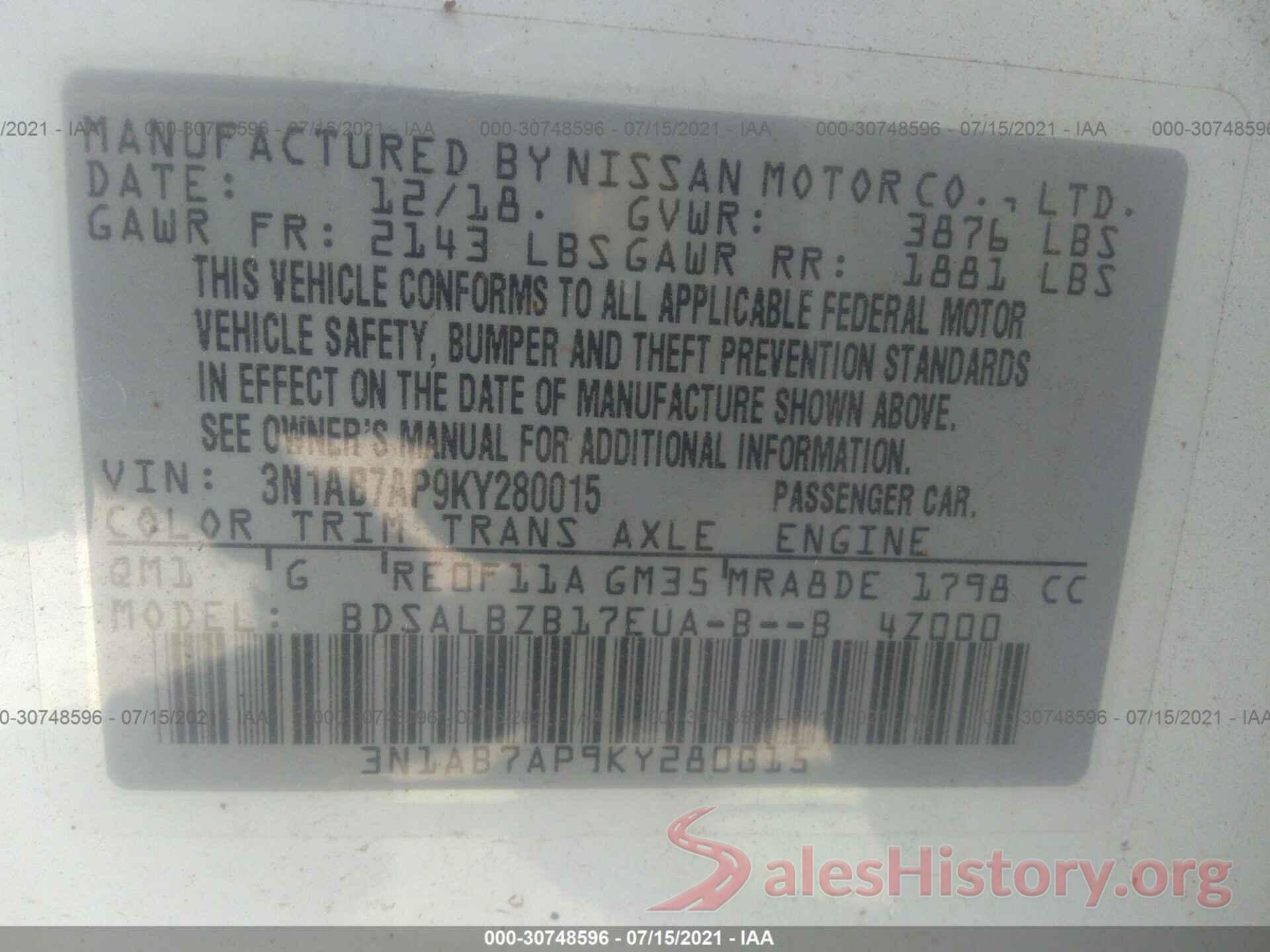 3N1AB7AP9KY280015 2019 NISSAN SENTRA