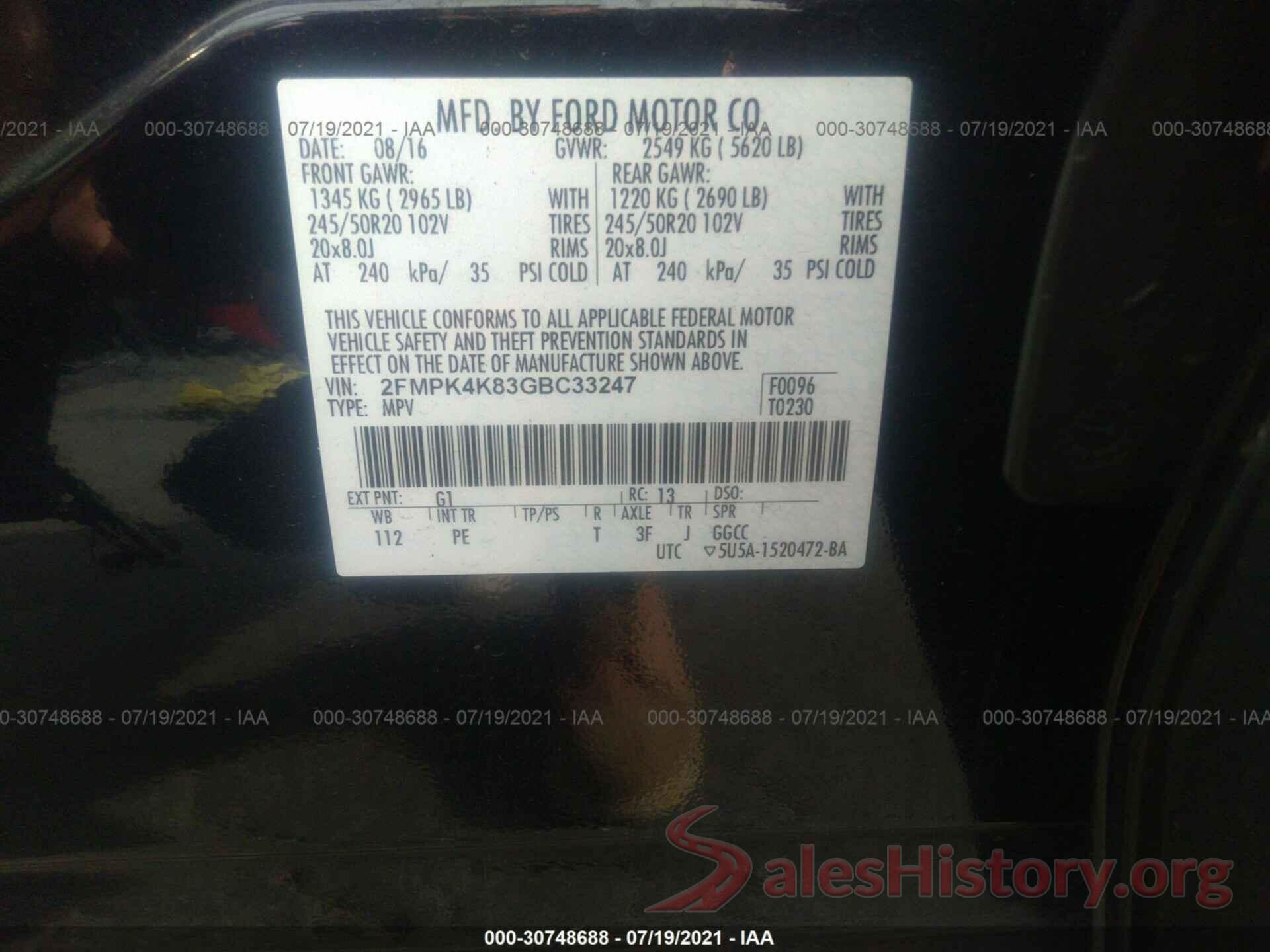 2FMPK4K83GBC33247 2016 FORD EDGE