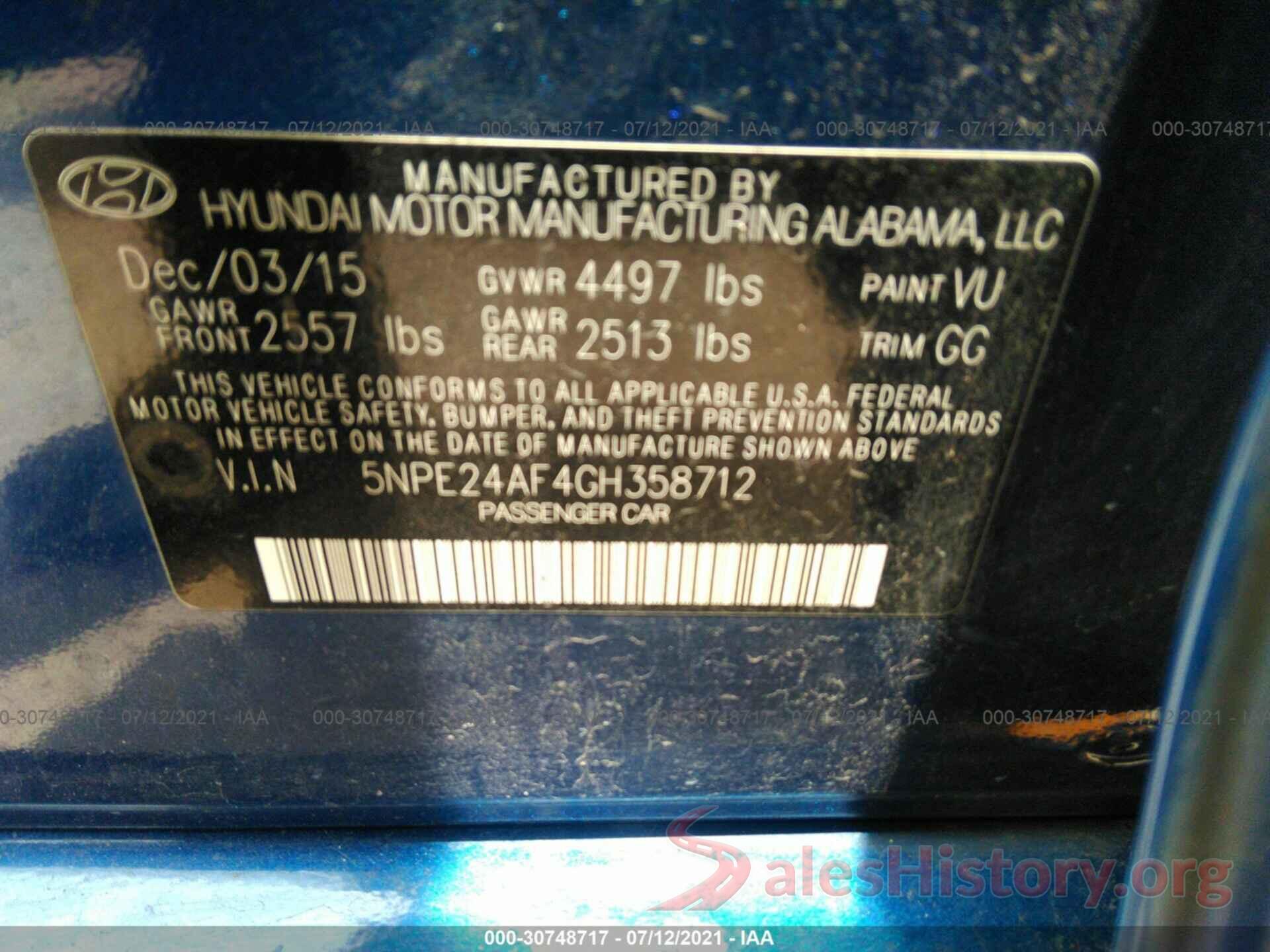 5NPE24AF4GH358712 2016 HYUNDAI SONATA