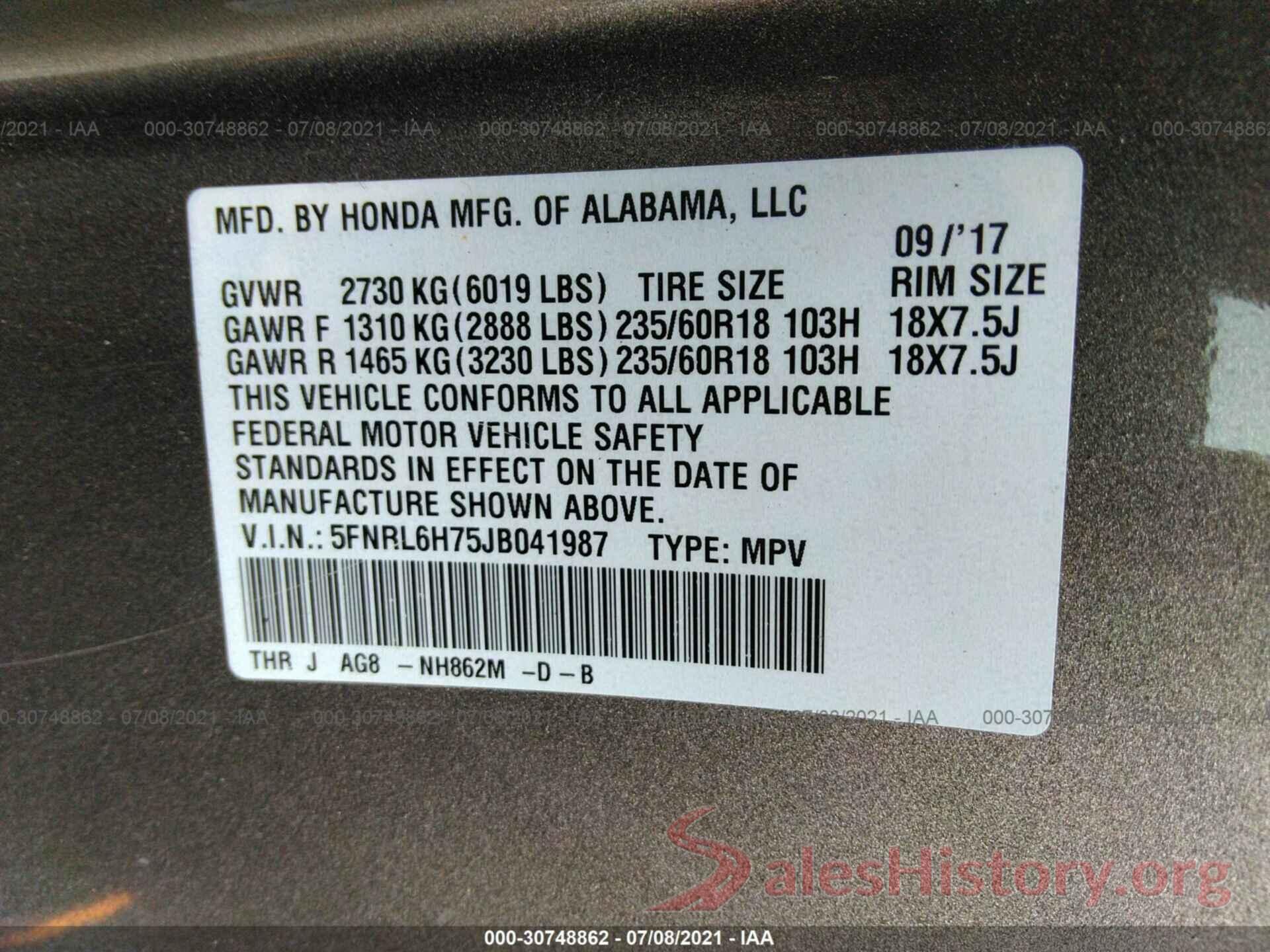 5FNRL6H75JB041987 2018 HONDA ODYSSEY