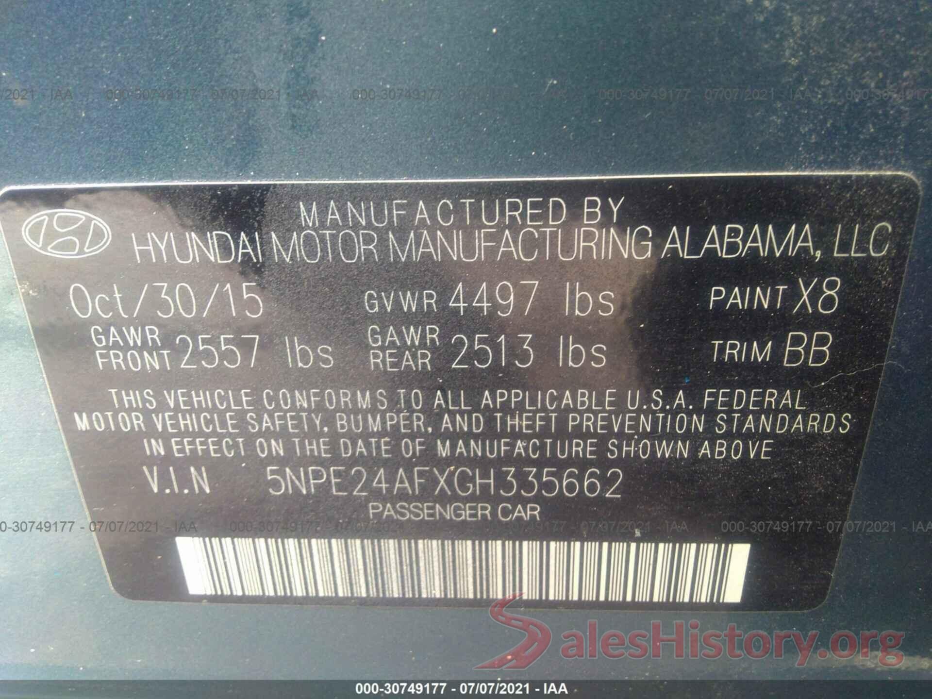 5NPE24AFXGH335662 2016 HYUNDAI SONATA