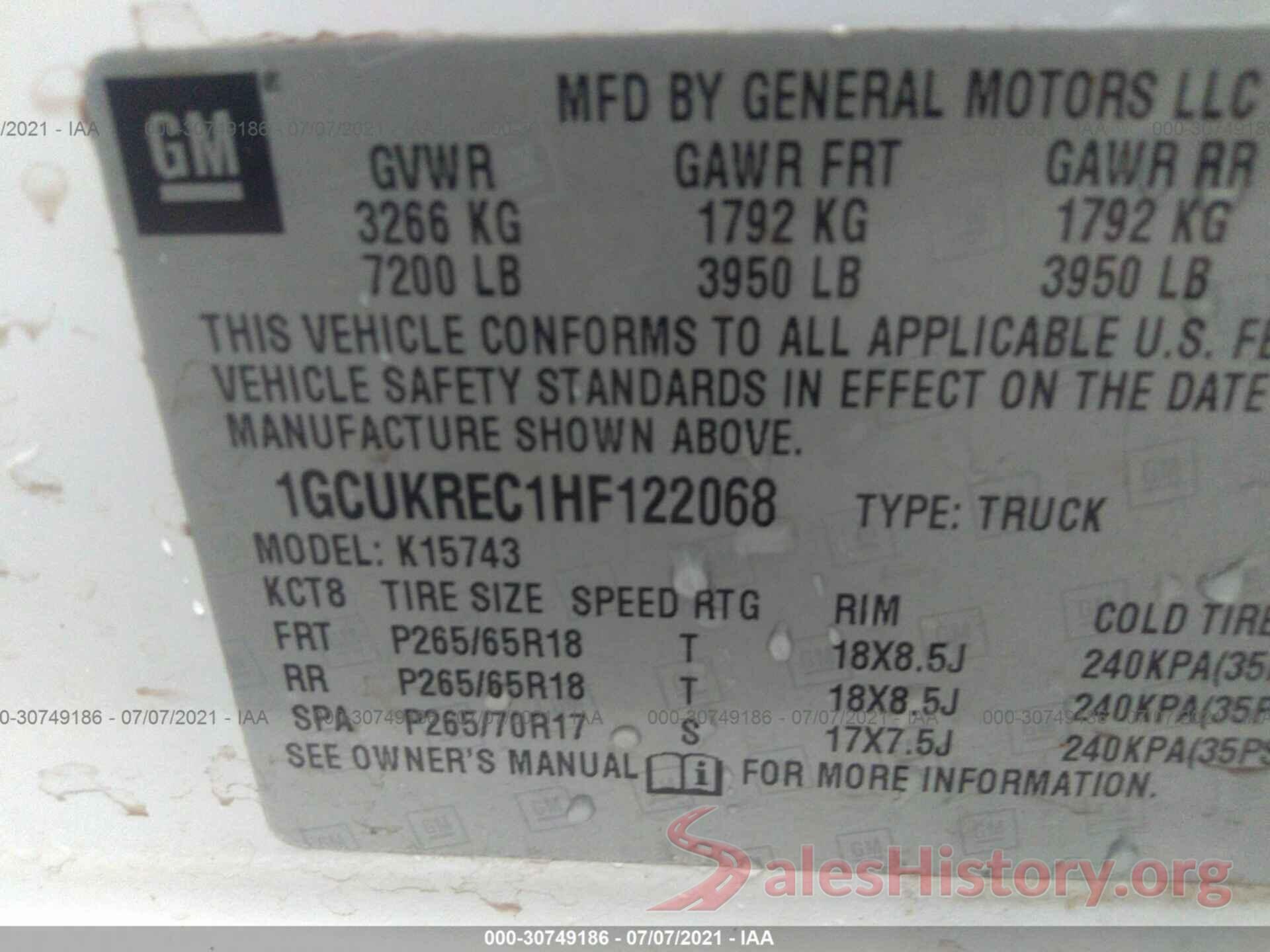 1GCUKREC1HF122068 2017 CHEVROLET SILVERADO 1500