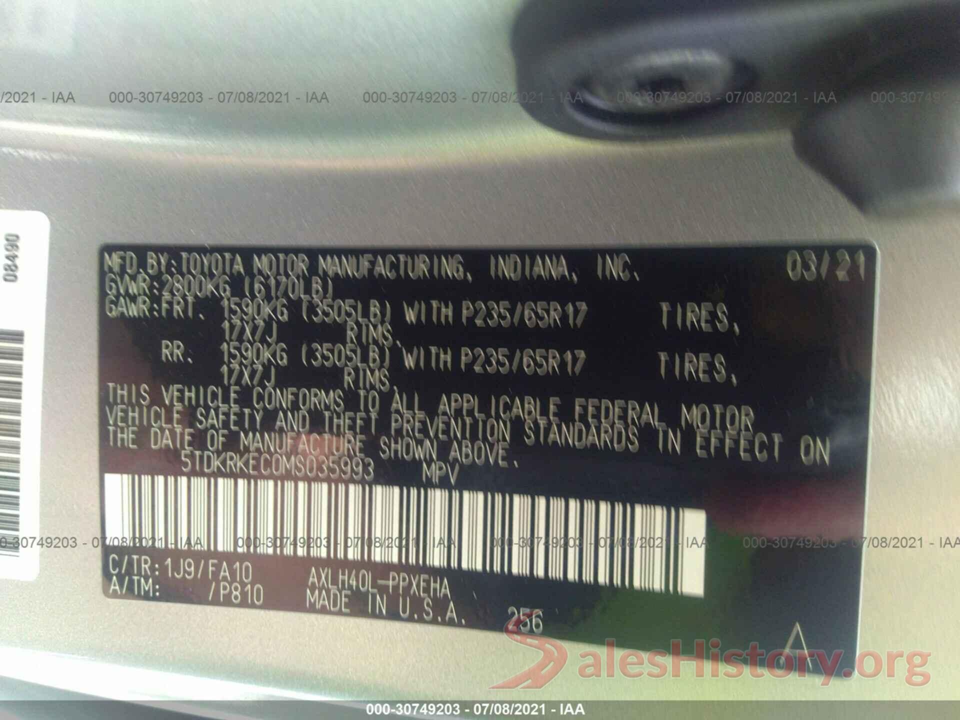 5TDKRKEC0MS035993 2021 TOYOTA SIENNA