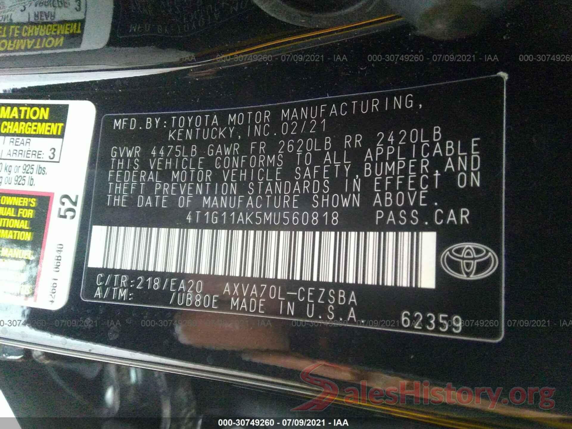 4T1G11AK5MU560818 2021 TOYOTA CAMRY