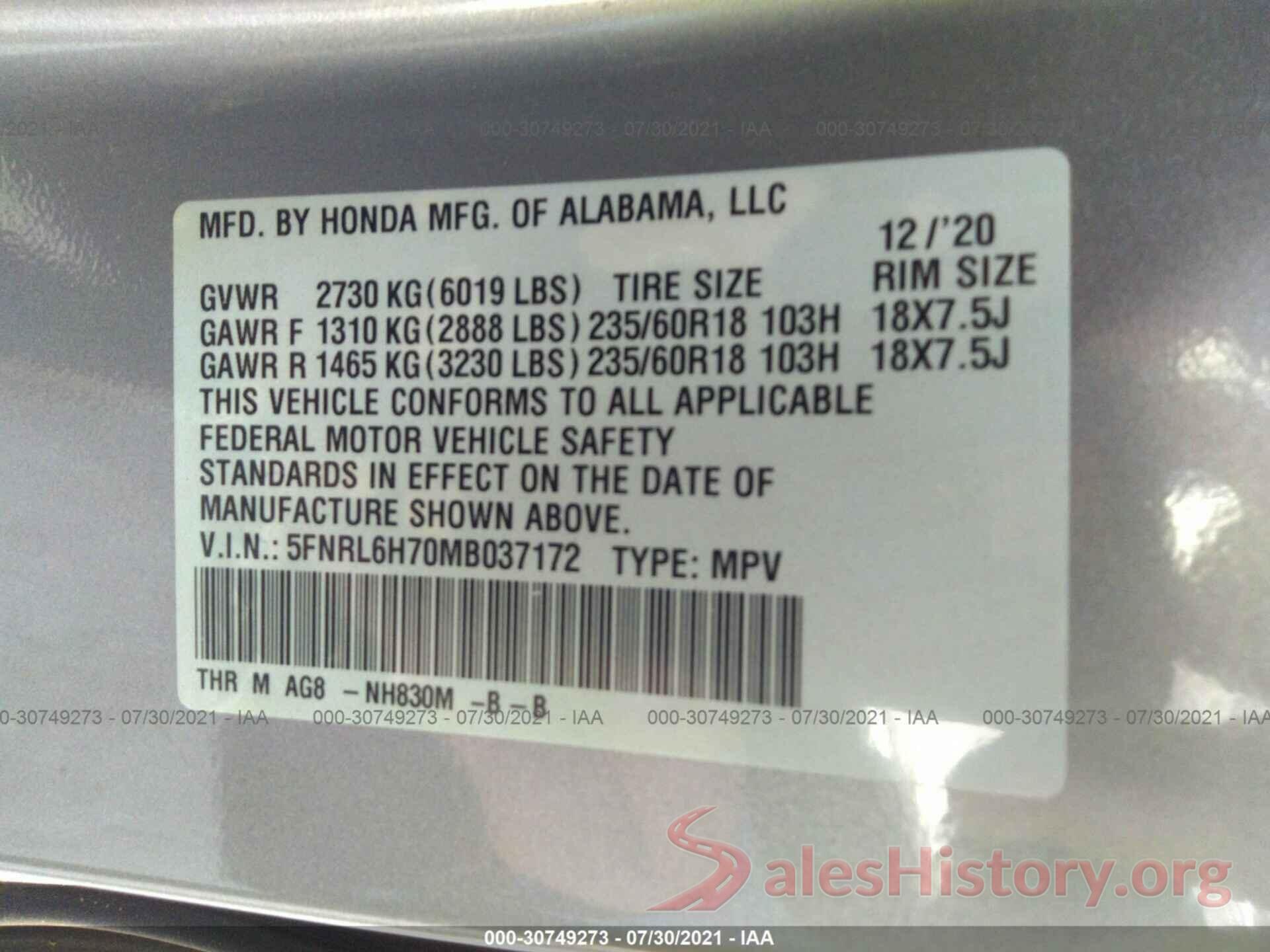 5FNRL6H70MB037172 2021 HONDA ODYSSEY