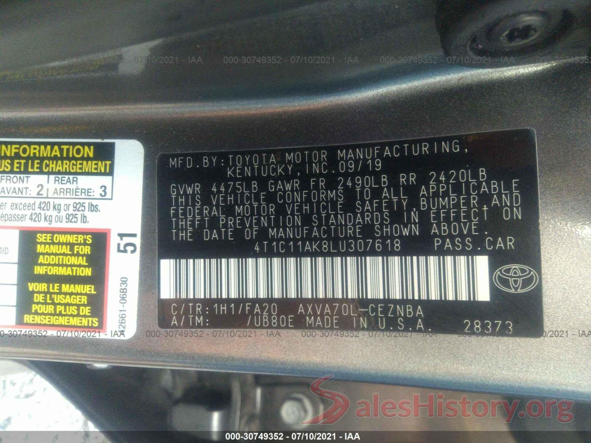 4T1C11AK8LU307618 2020 TOYOTA CAMRY