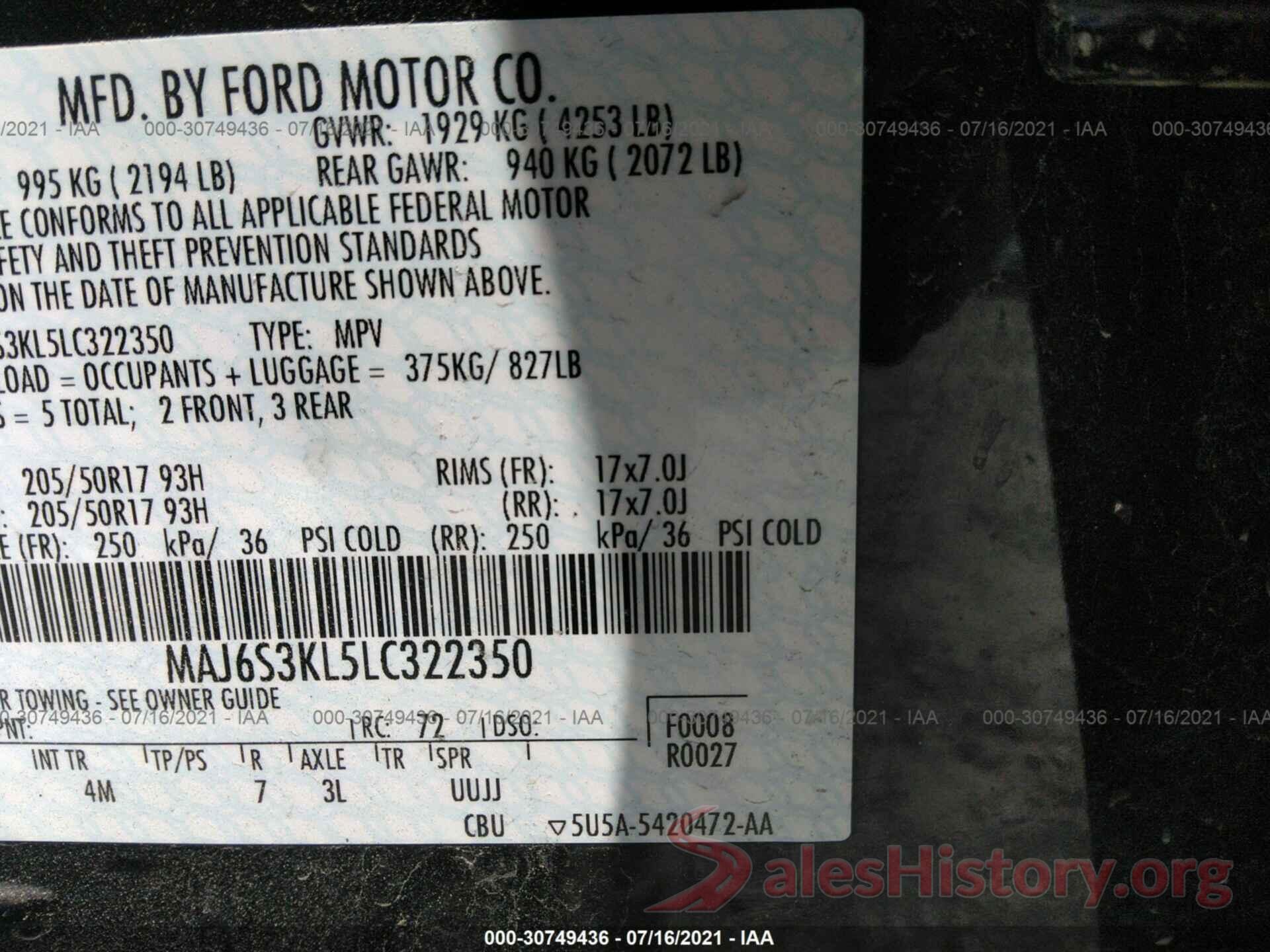 MAJ6S3KL5LC322350 2020 FORD ECOSPORT