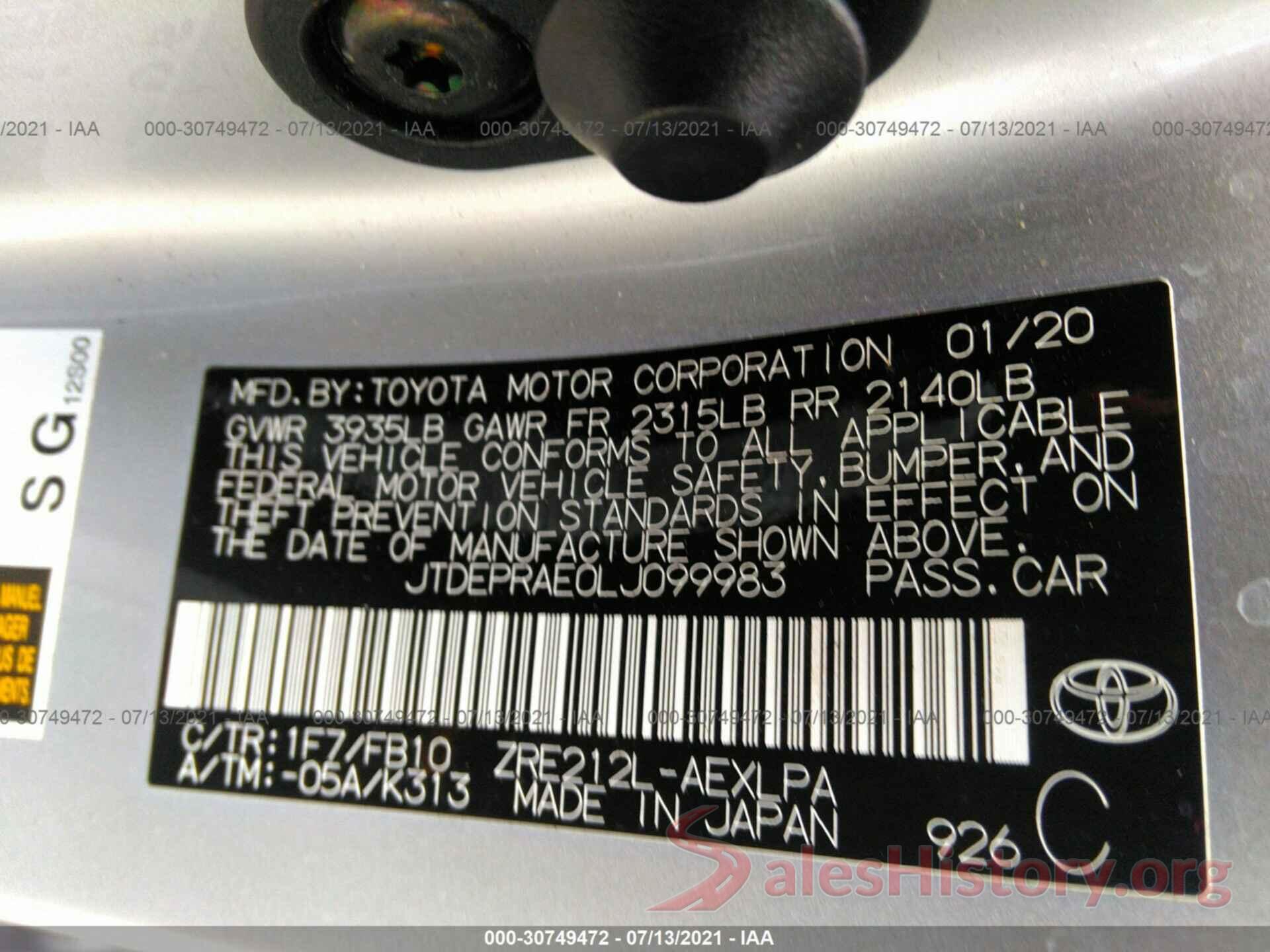 JTDEPRAE0LJ099983 2020 TOYOTA COROLLA