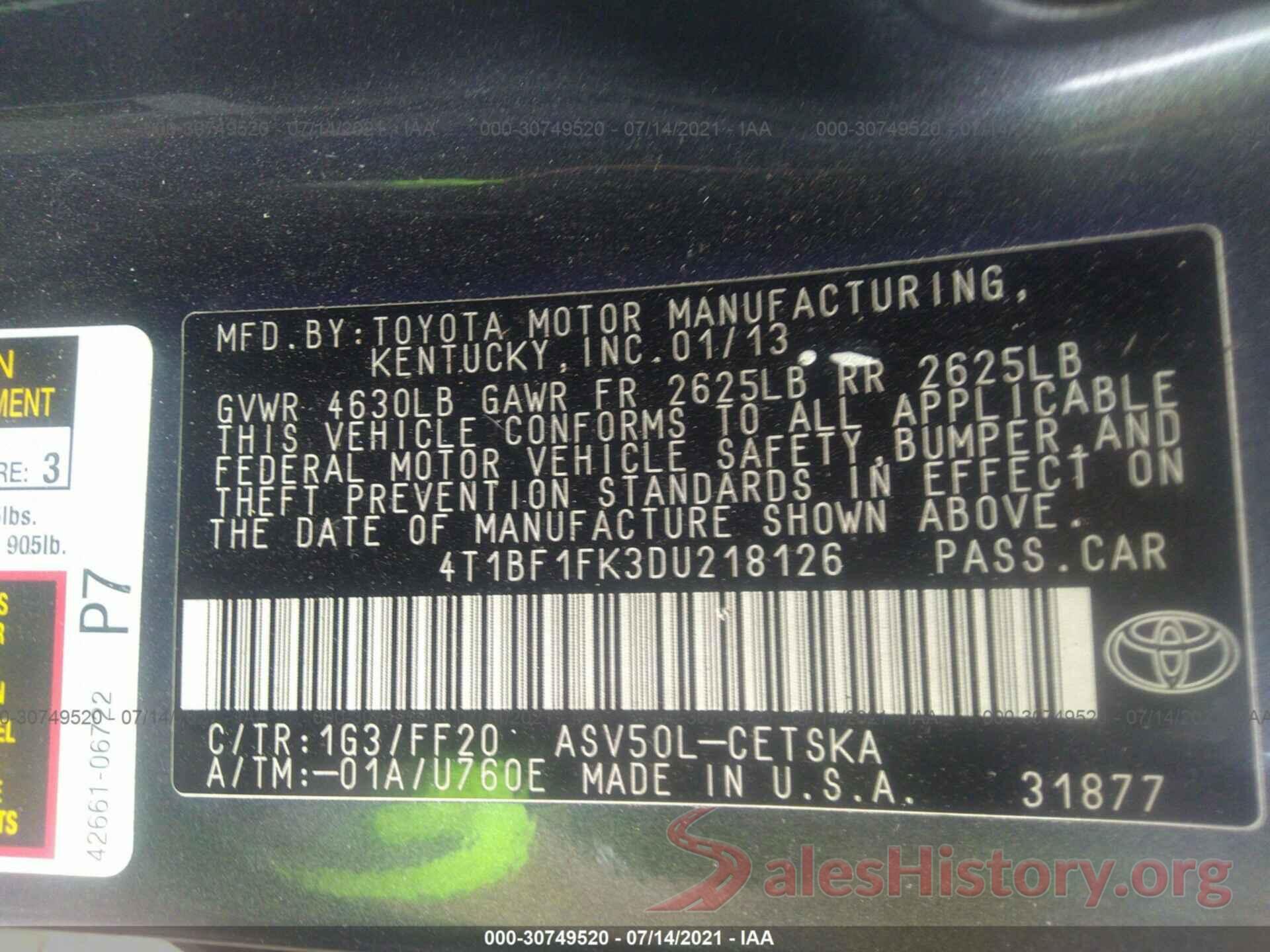 4T1BF1FK3DU218126 2013 TOYOTA CAMRY