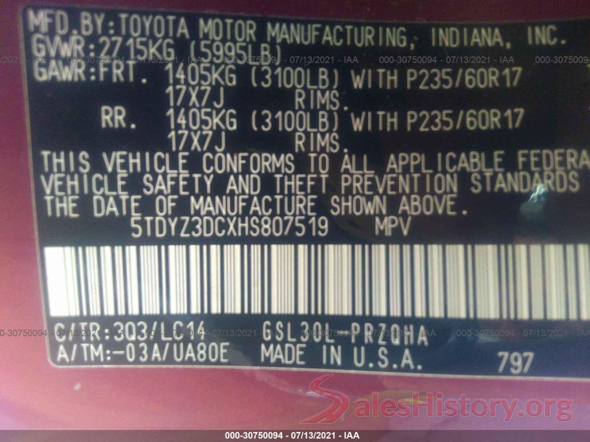 5TDYZ3DCXHS807519 2017 TOYOTA SIENNA