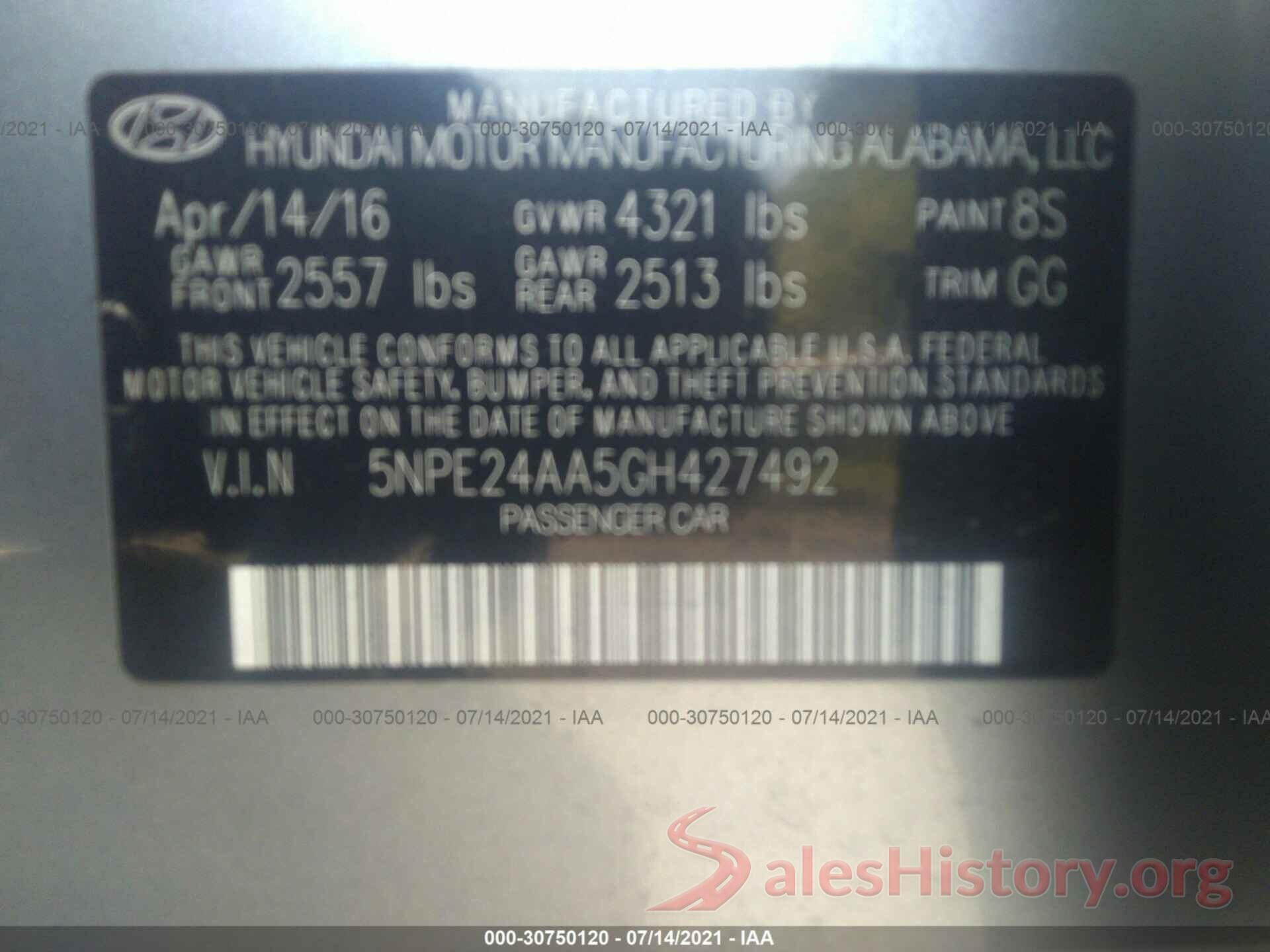 5NPE24AA5GH427492 2016 HYUNDAI SONATA