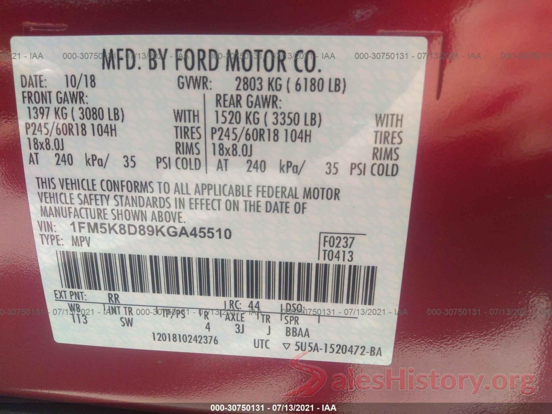 1FM5K8D89KGA45510 2019 FORD EXPLORER