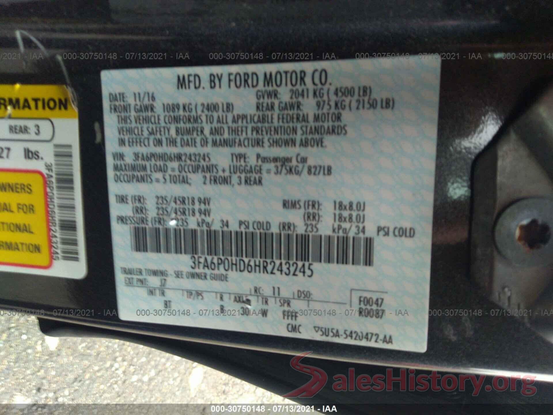 3FA6P0HD6HR243245 2017 FORD FUSION