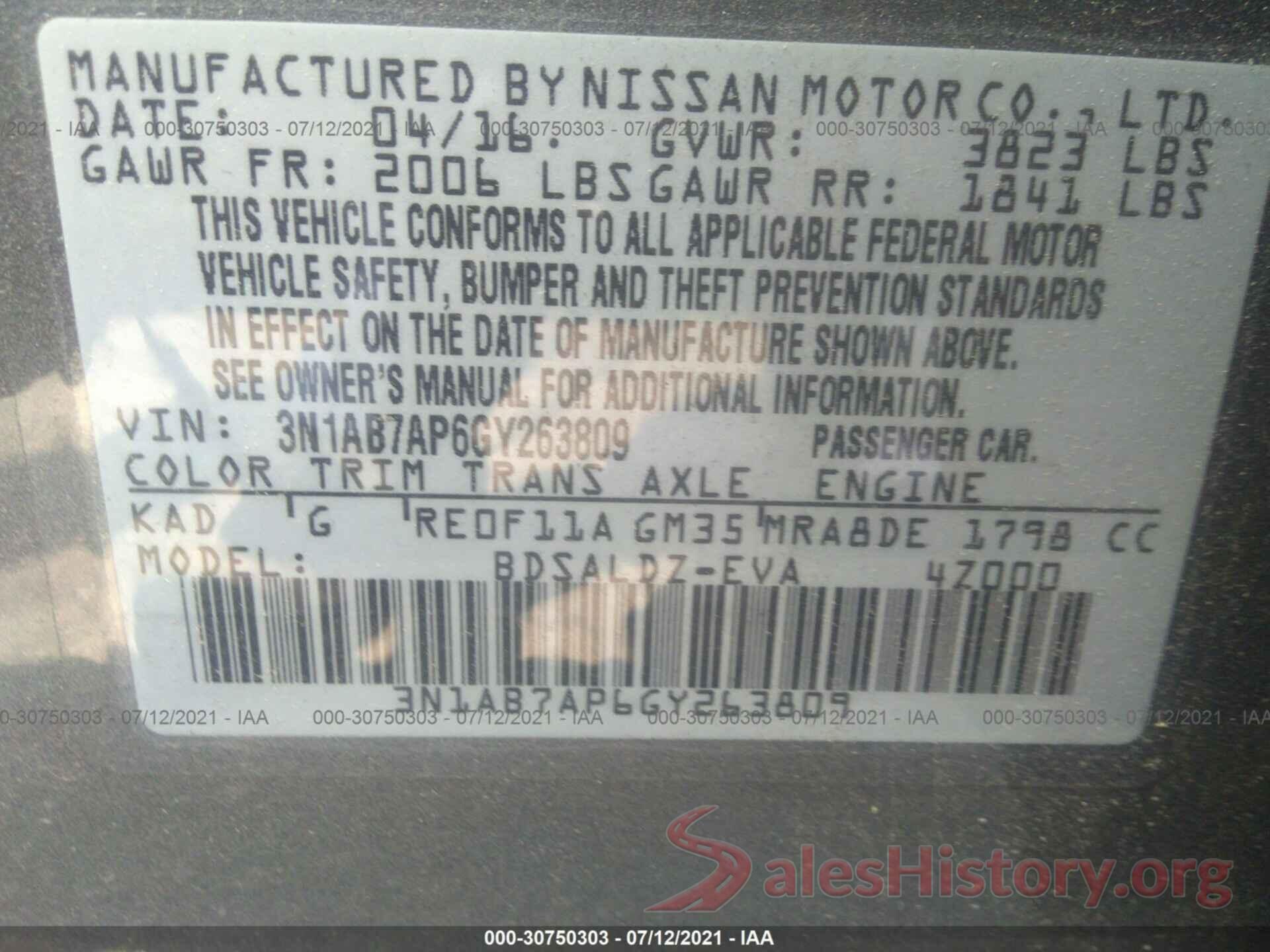 3N1AB7AP6GY263809 2016 NISSAN SENTRA