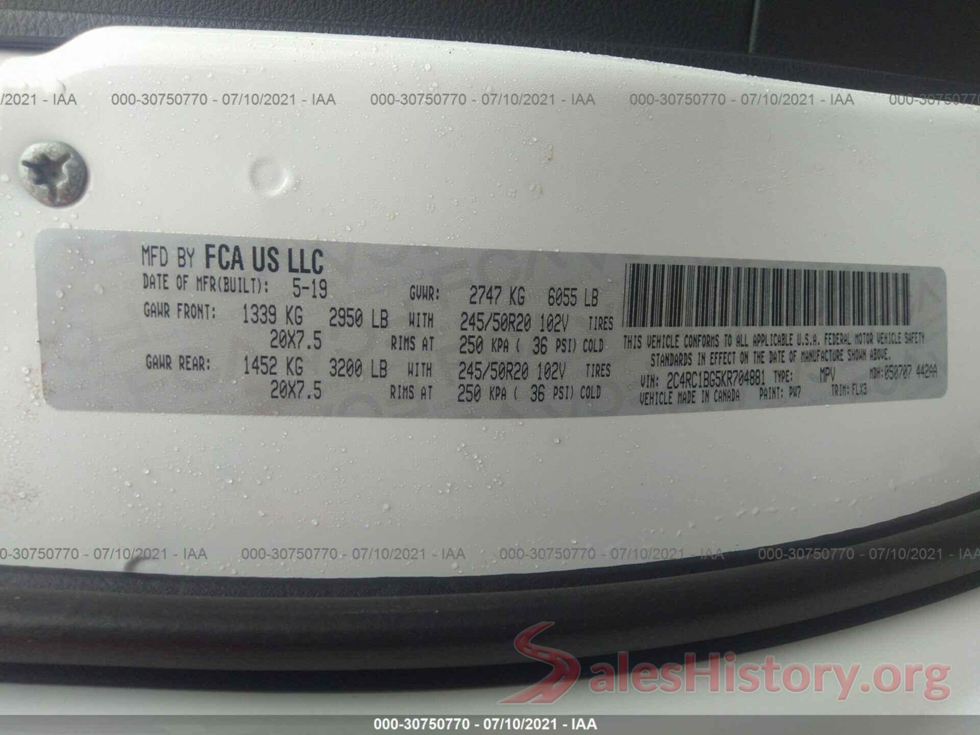 2C4RC1BG5KR704881 2019 CHRYSLER PACIFICA