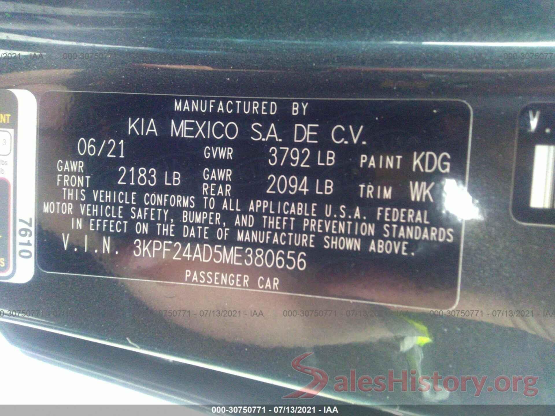 3KPF24AD5ME380656 2021 KIA FORTE